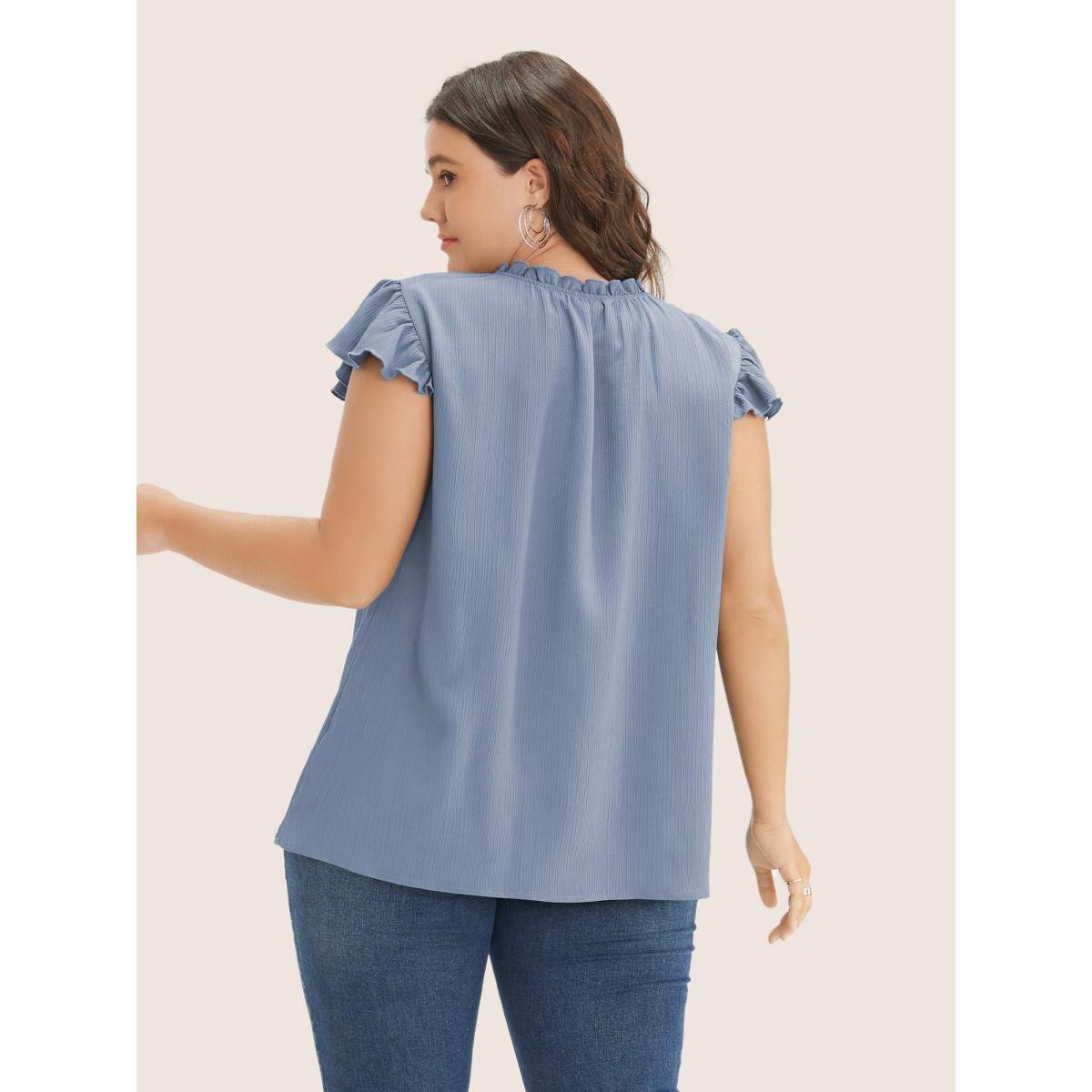 Plus Size Stone Plain Mock Neck Cap Sleeve Ruffle Trim Blouse Women Elegant Short sleeve Mock Neck Everyday Blouses BloomChic 10/M Product Image