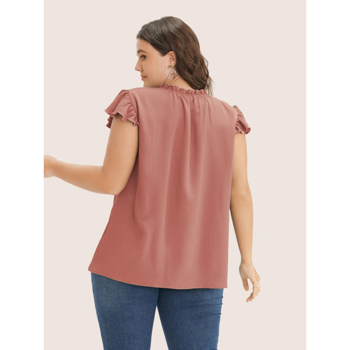 Plus Size Stone Plain Mock Neck Cap Sleeve Ruffle Trim Blouse Women Elegant Short sleeve Mock Neck Everyday Blouses BloomChic 10/M Product Image