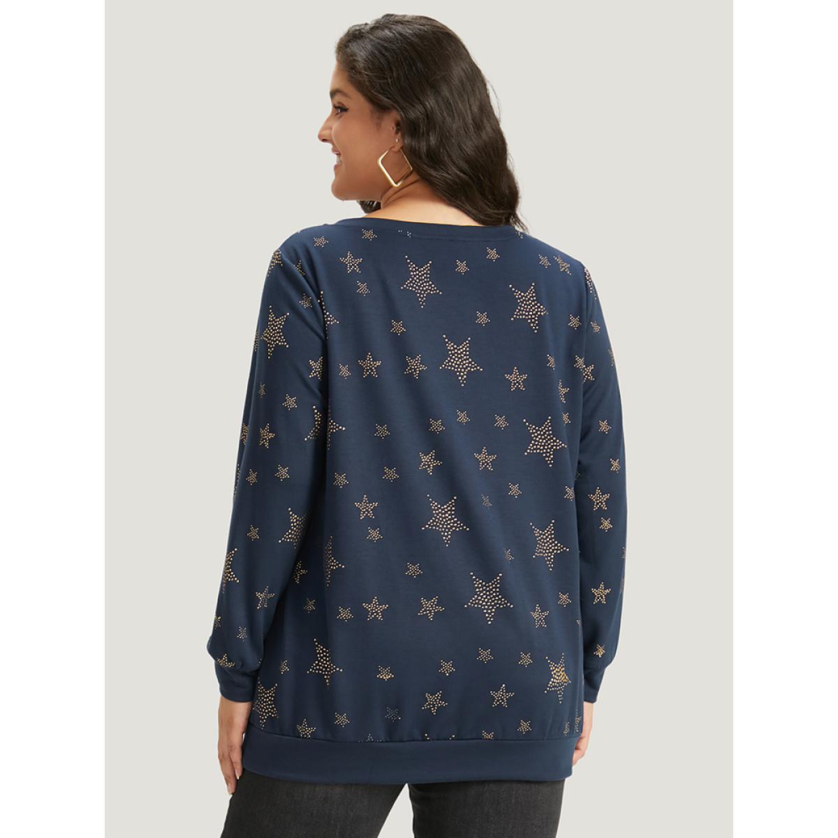Plus Size Star Glitter Print V Neck Elastic Cuffs Sweatshirt Women Indigo Casual Elastic cuffs V-neck Dailywear Sweatshirts BloomChic 12/L Product Image