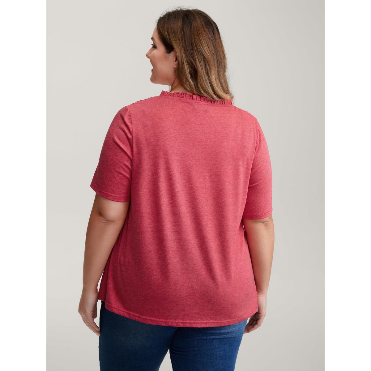 Plus Size Stretchy Ruched Neckline Ruffled Neck T-Shirt OrangeRed Women Leisure Gathered Round Neck Casual T-shirts BloomChic 30/6X Product Image