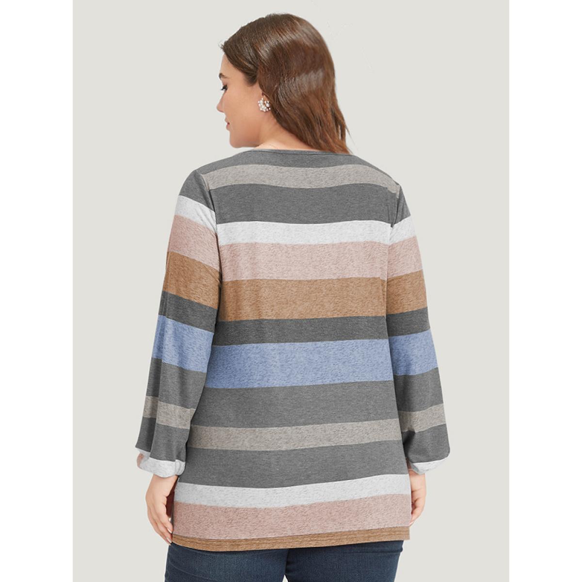 Plus Size Colour Striped Contrast Crisscross Lantern Sleeve T-shirt LightBrown Women Casual Elastic cuffs Striped V-neck Dailywear T-shirts BloomChic 28/5X Product Image