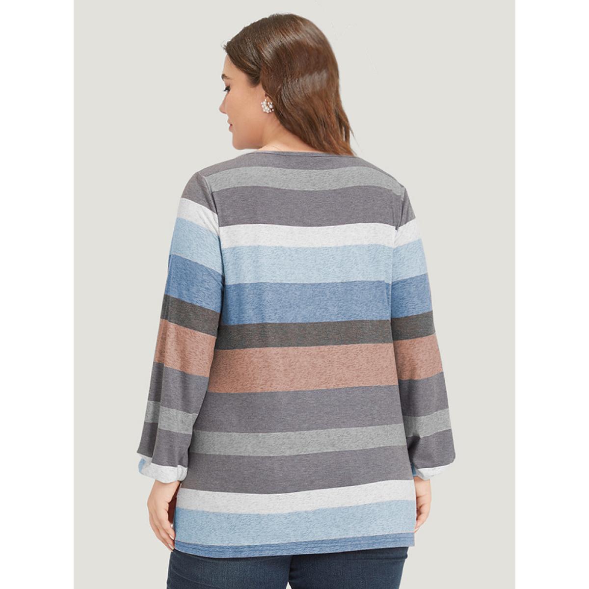 Plus Size Colour Striped Contrast Crisscross Lantern Sleeve T-shirt Blue Women Casual Elastic cuffs Striped V-neck Dailywear T-shirts BloomChic 12/L Product Image