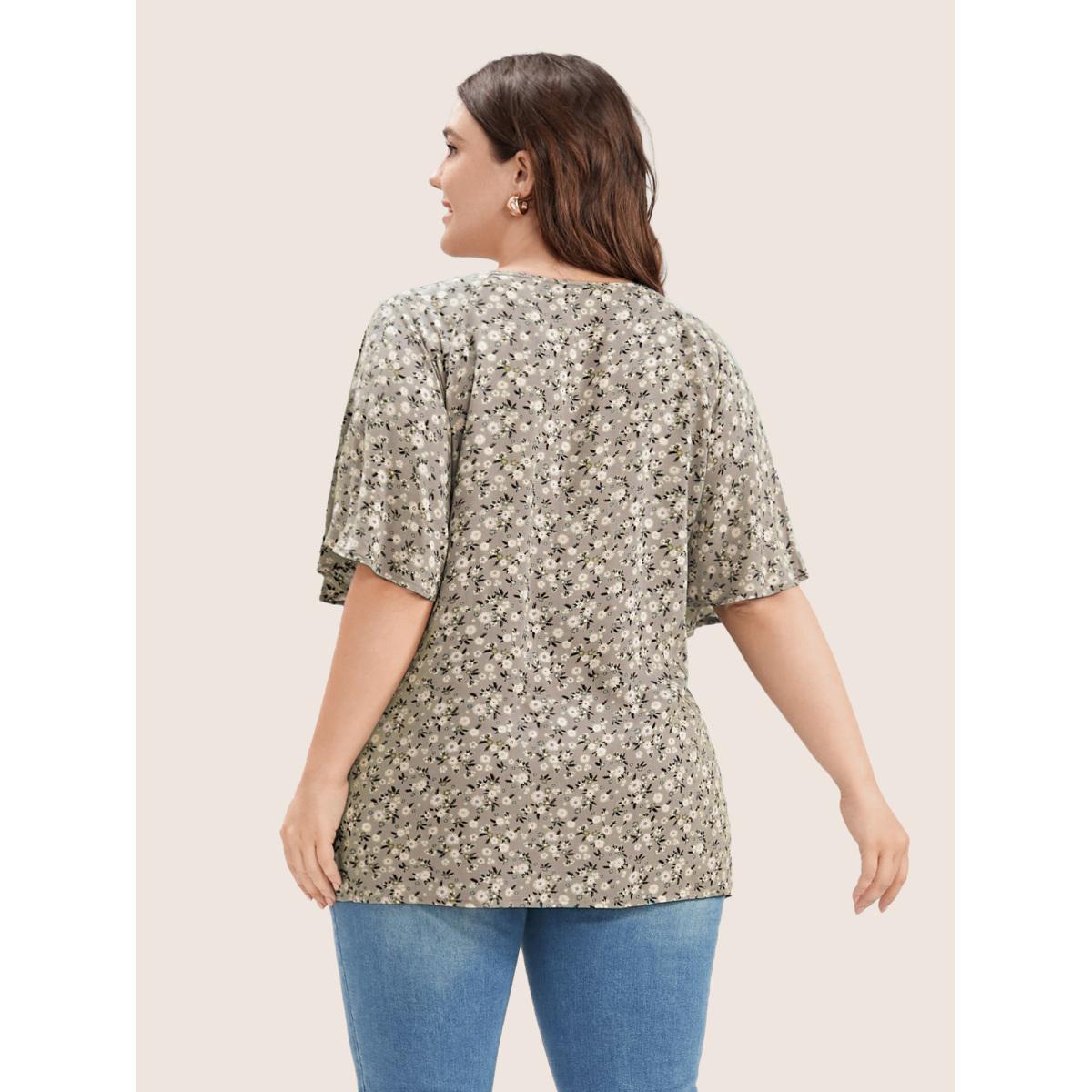 Plus Size LightBrown Ditsy Floral Ruffle Sleeve Tie Neck Blouse Women Elegant Short sleeve V-neck Everyday Blouses BloomChic 10/M Product Image