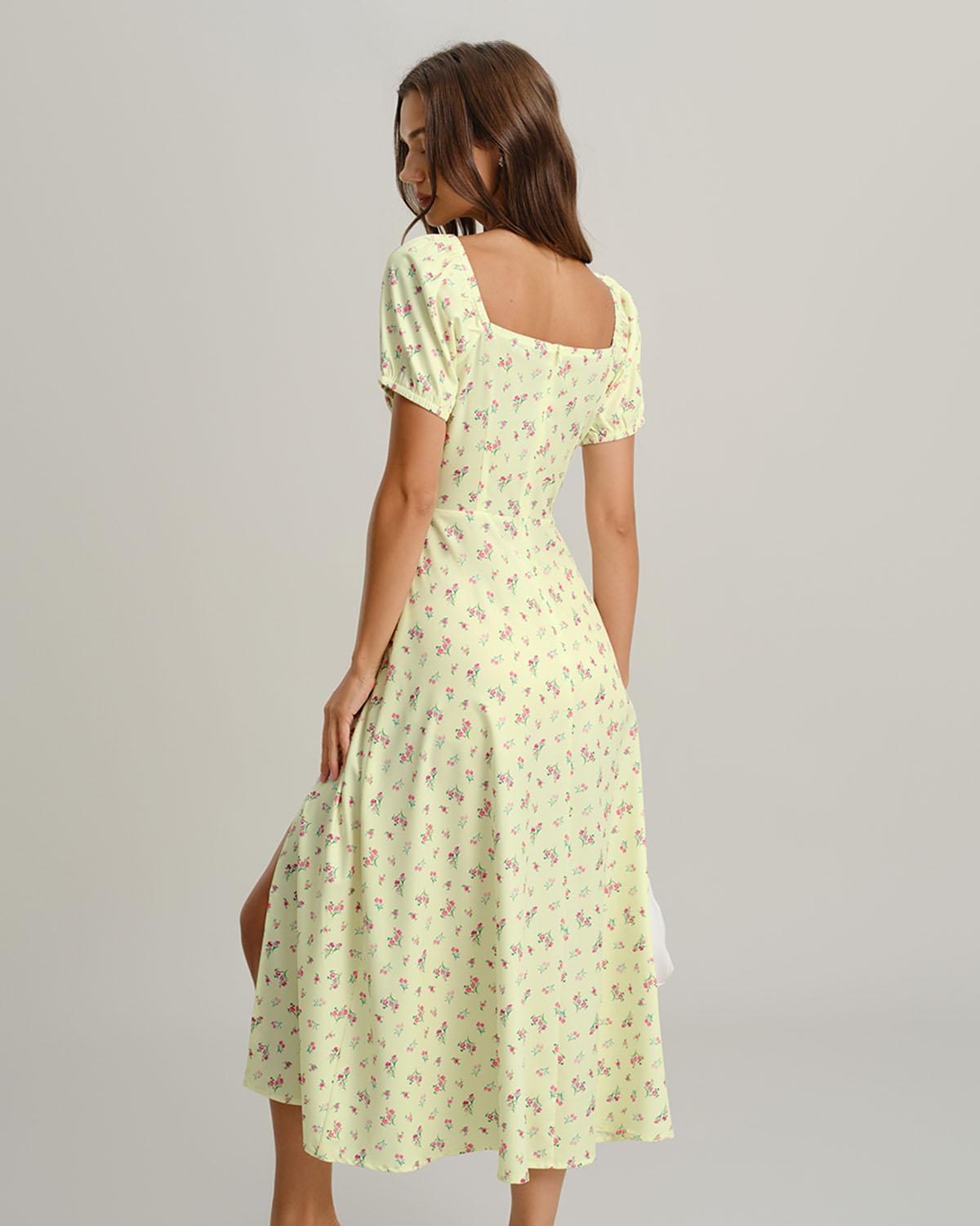 Yellow Floral Square Neck Puffed Sleeve Midi Dress Product Image