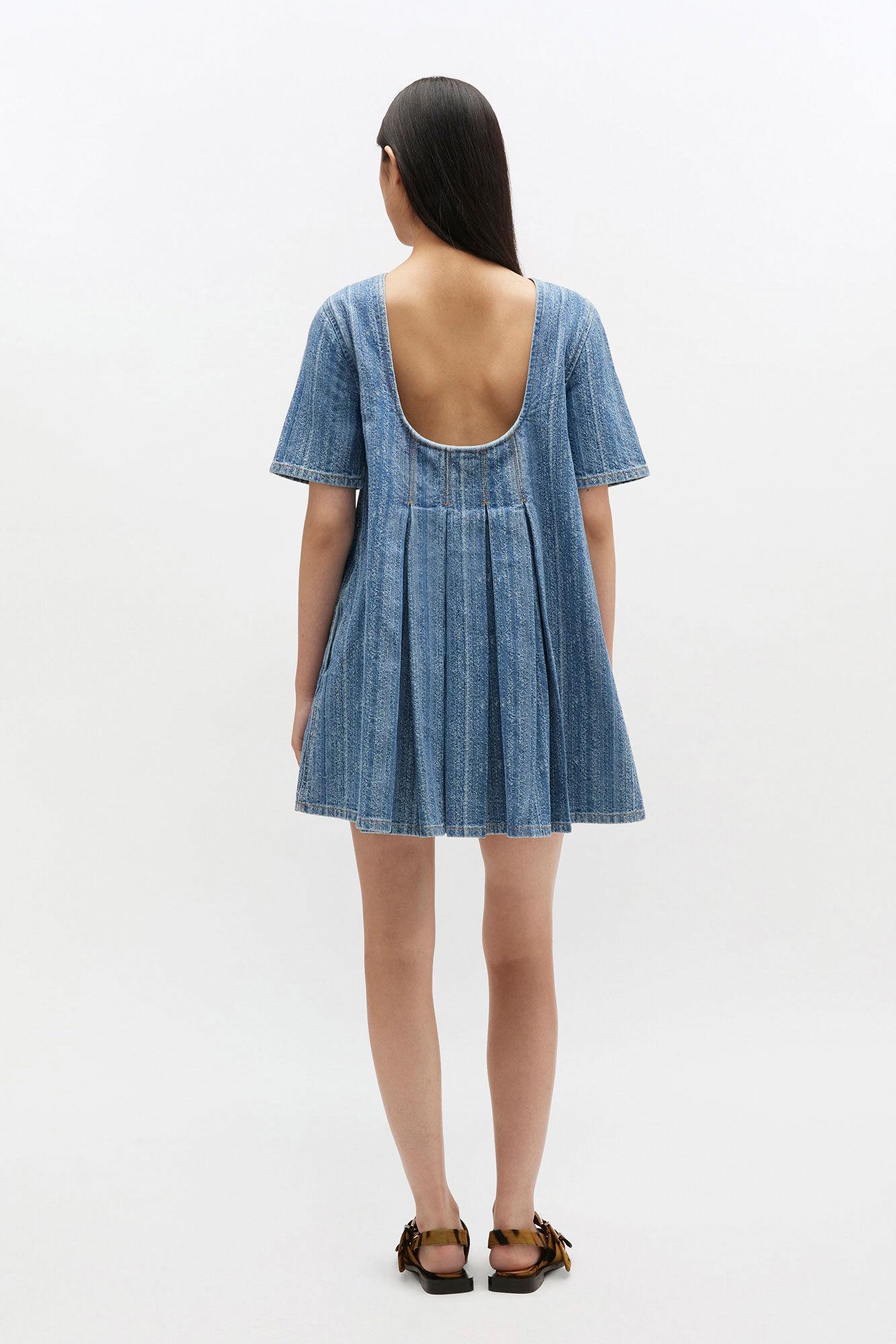 Striped Denim Pleated Dress Product Image