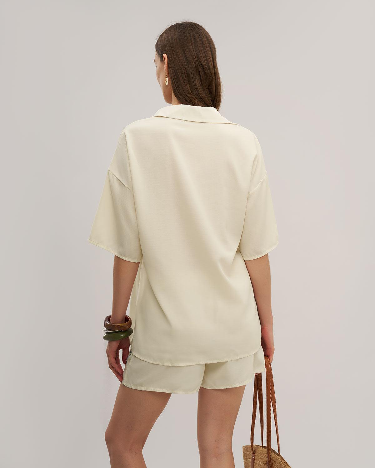 Beige Elastic Waist Pants Set Product Image