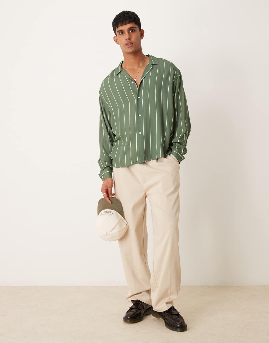ASOS DESIGN oversized boxy revere shirt in green stripe Product Image