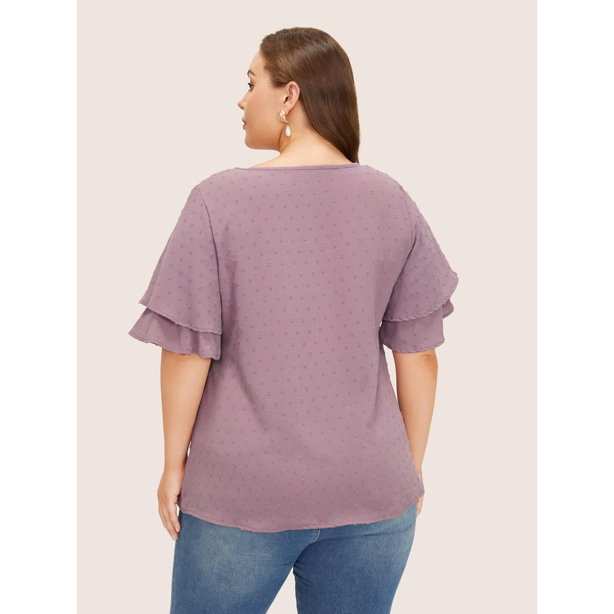Plus Size Mauve Plain Ruffle Tiered Sleeve V Neck Polka Dot Blouse Women Timeless Short sleeve V-neck Elegant Blouses BloomChic 28/5X Product Image