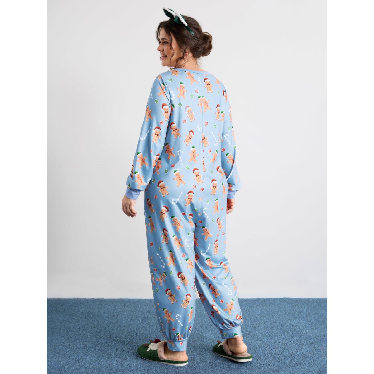 Plus Size LightBlue Gingerbread Print Button Placket Jumpsuit Women Leisure Extra Long Sleeve Round Neck Casual Loose Jumpsuits BloomChic 10/M Product Image