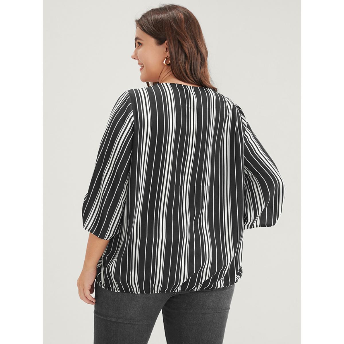 Plus Size Black Striped Button Cuffed Sleeve Wrap Blouse Women Vacation Short sleeve V-neck Dailywear Blouses BloomChic 14-16/1X Product Image