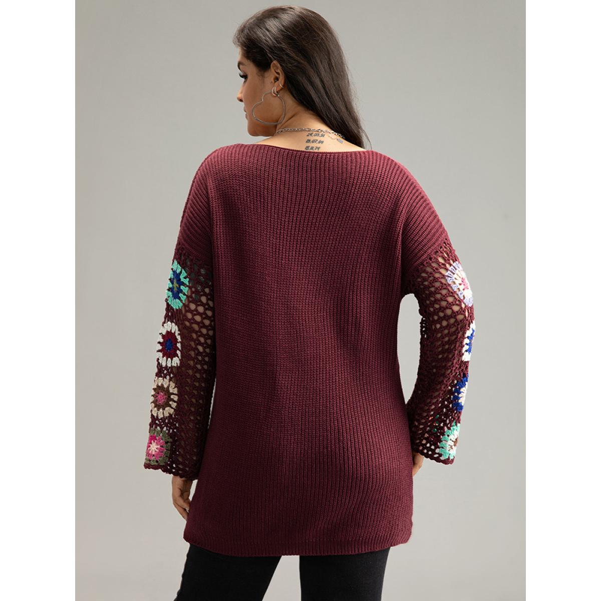Plus Size Floral Embroidered Hollow Out Pullover Burgundy Women Casual Long Sleeve V-neck Everyday Pullovers BloomChic 26/4X Product Image