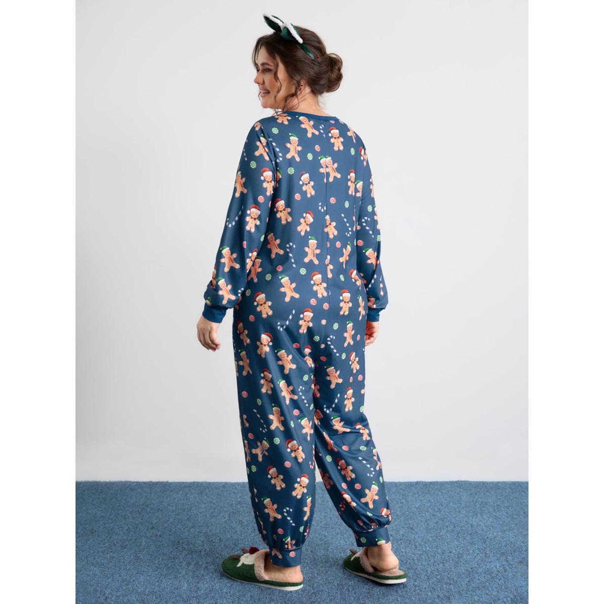 Plus Size Navy Gingerbread Print Button Placket Jumpsuit Women Leisure Extra Long Sleeve Round Neck Casual Loose Jumpsuits BloomChic 30/6X Product Image