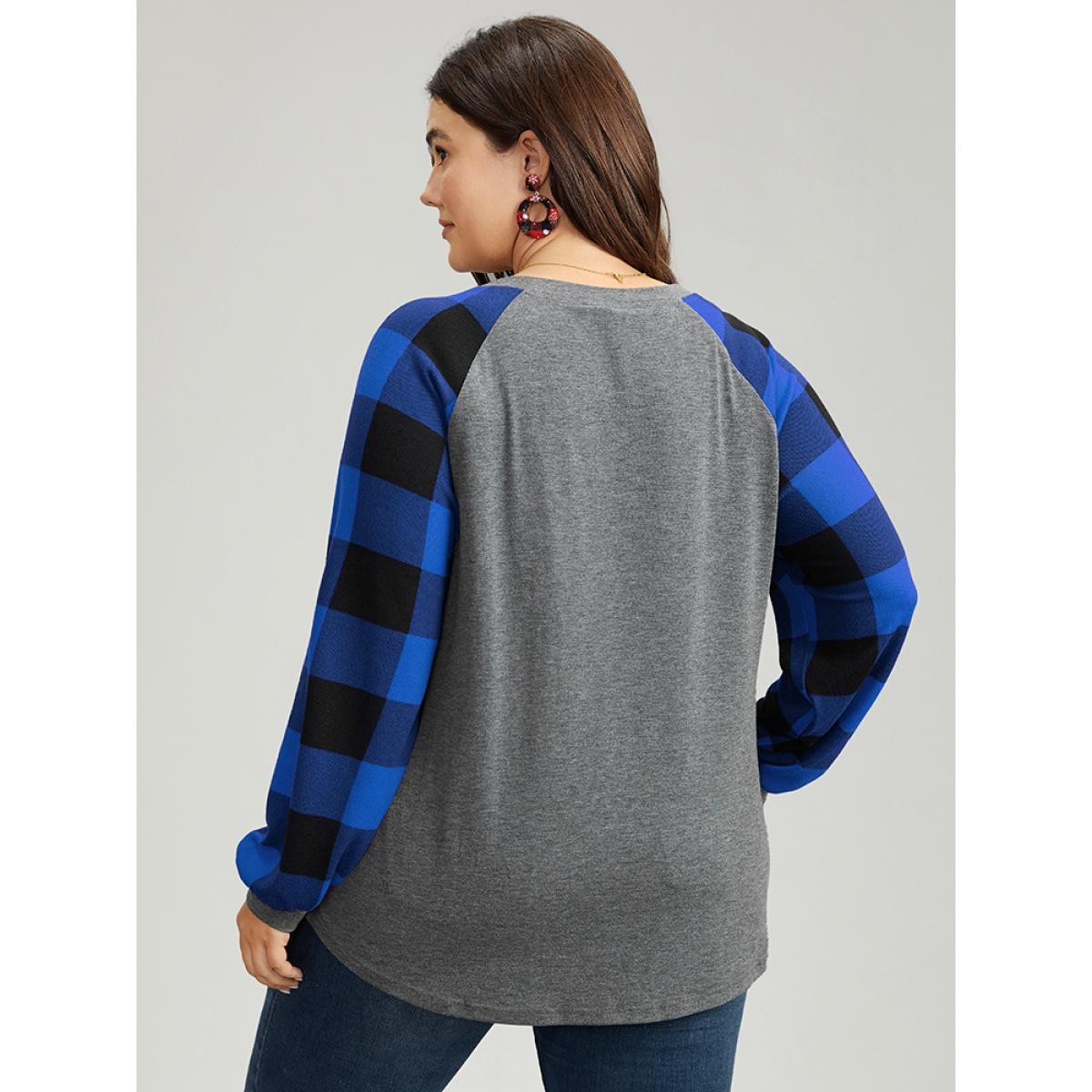Plus Size Plaid Christmas Trees Round Neck T-shirt Blue Women Casual Contrast Christmas Festival-Christmas T-shirts BloomChic 28/5X Product Image