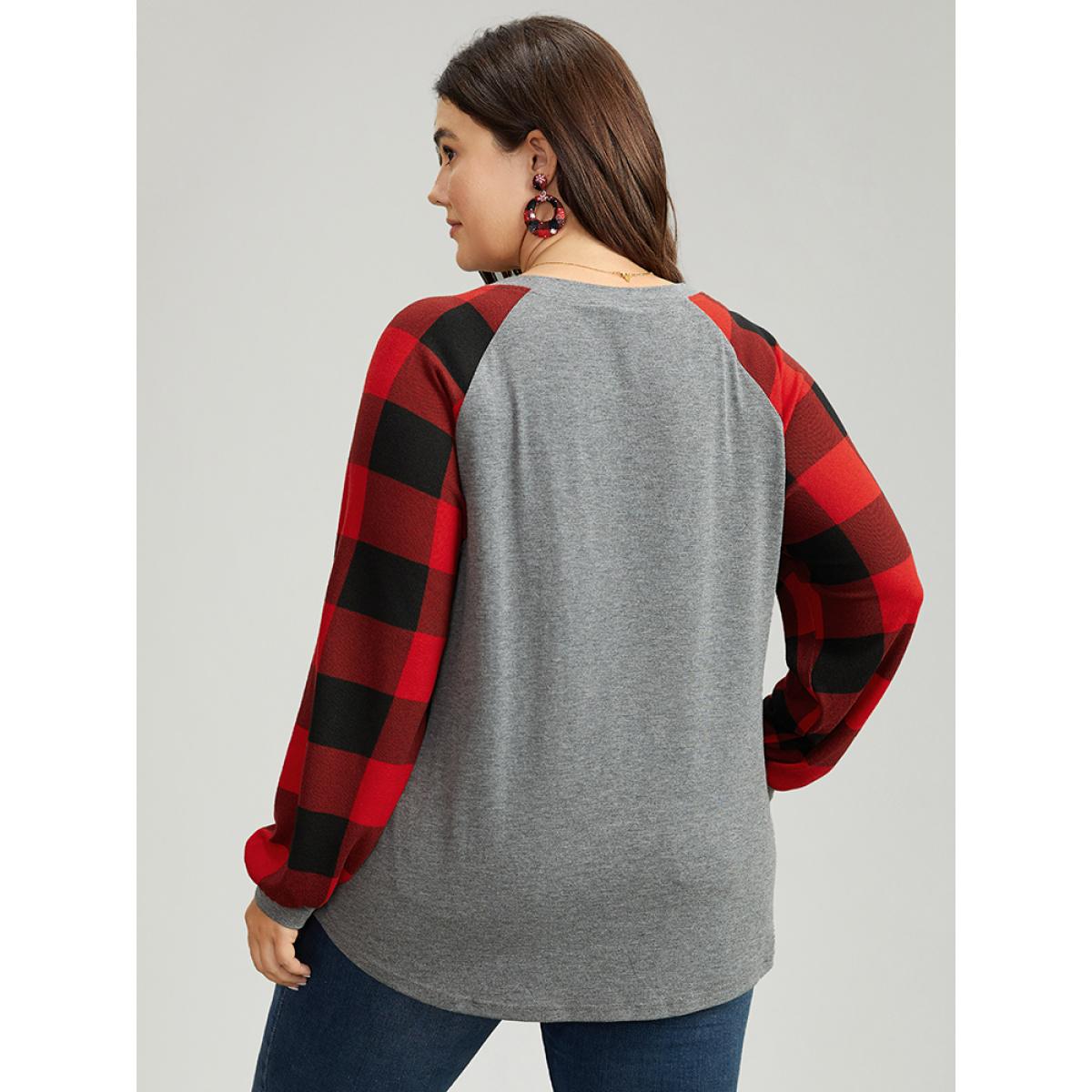Plus Size Plaid Christmas Trees Round Neck T-shirt Multicolor Women Casual Contrast Christmas Festival-Christmas T-shirts BloomChic 14-16/1X Product Image