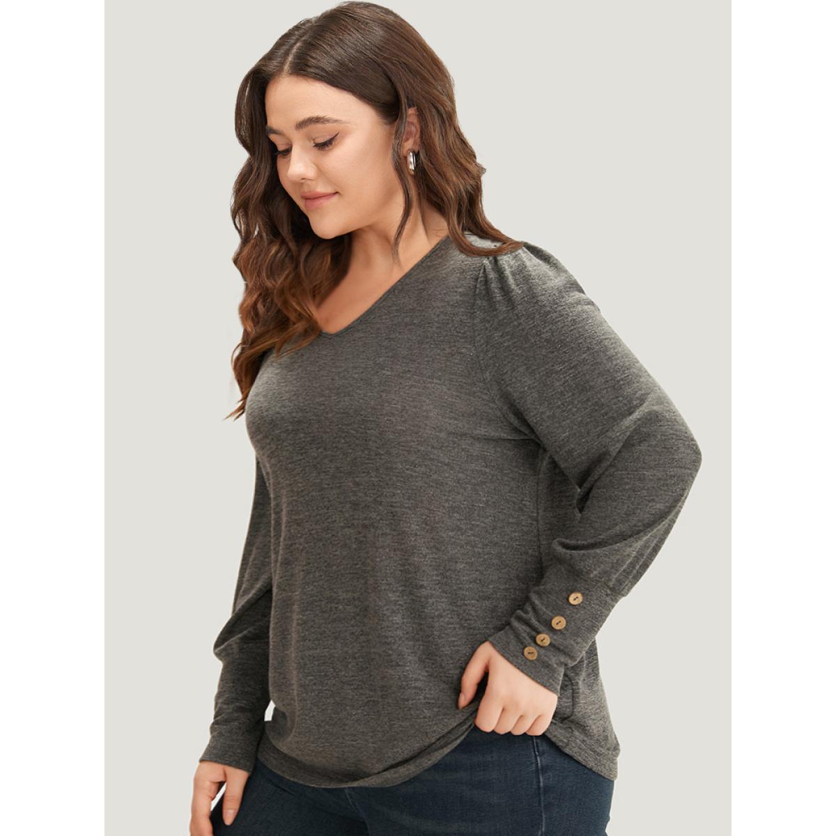 Plus Size Plain Heather Elastic Cuffs Button Detail T-shirt Gray Women Casual Elastic cuffs Plain V-neck Dailywear T-shirts BloomChic 12/L Product Image