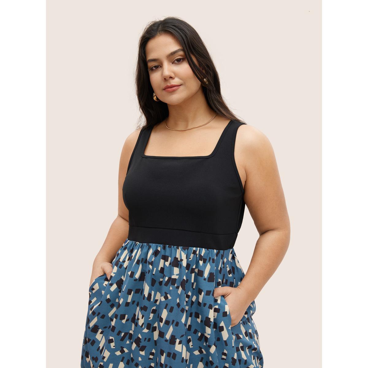 Plus Size Geometric Patchwork Square Neck Pocket Dress Blue Women At the Office Patchwork Square Neck Sleeveless Curvy Midi Dress BloomChic 26/4X Product Image