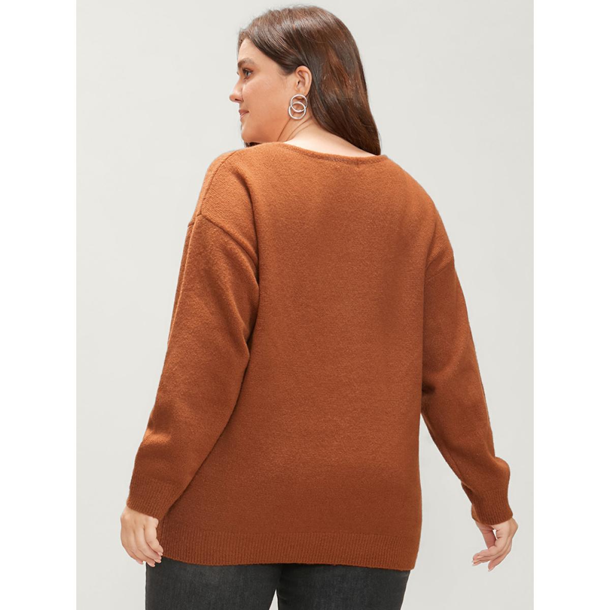 Plus Size Solid Pointelle Knit Lace Trim V Neck Knit Top Bronze Women Elegant Loose Long Sleeve V-neck Dailywear Pullovers BloomChic 14-16/1X Product Image