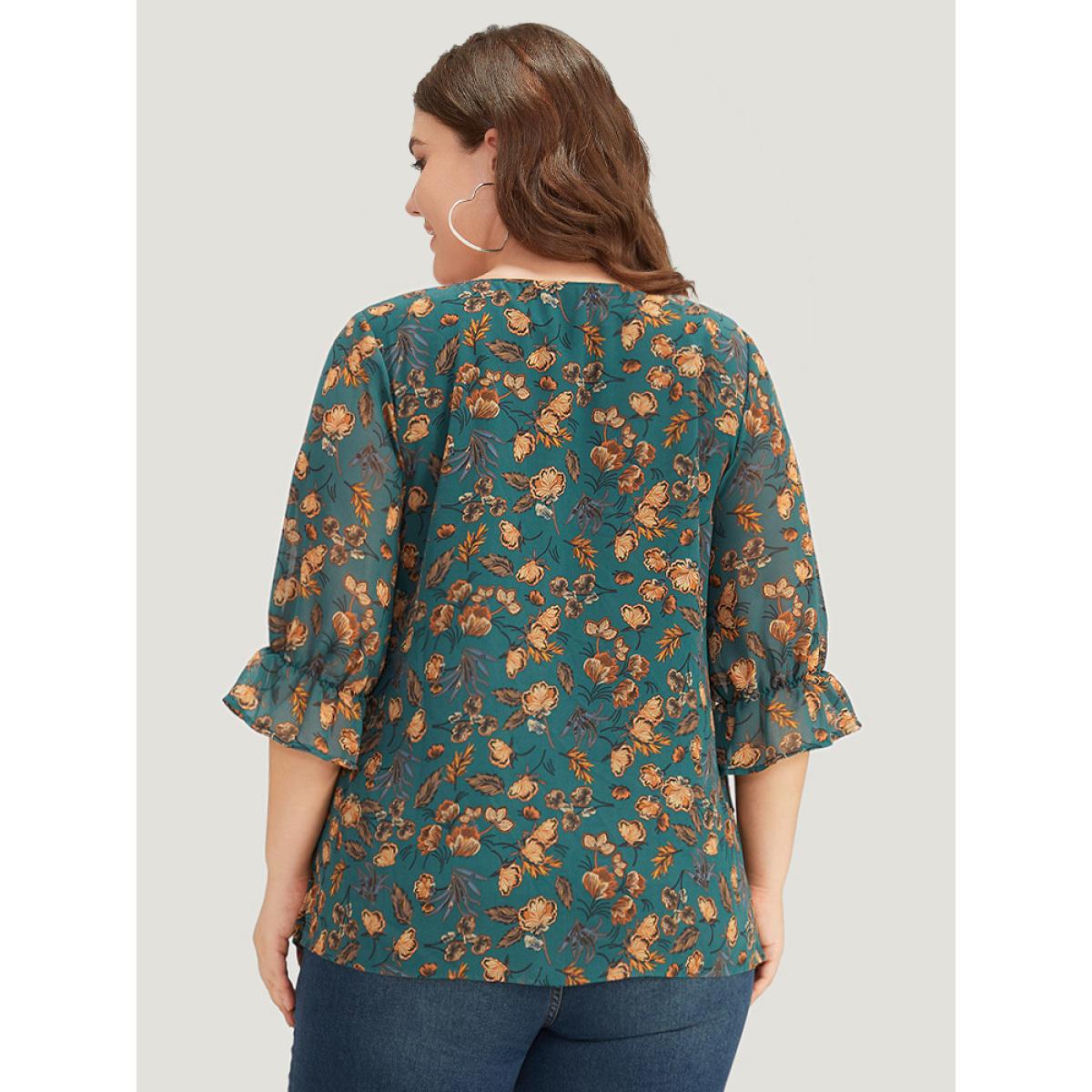 Plus Size Cyan Floral Print Square Neck Layered Ruffle Trim Blouse Women Office Half Sleeve Square Neck Dailywear Blouses BloomChic 12/L Product Image