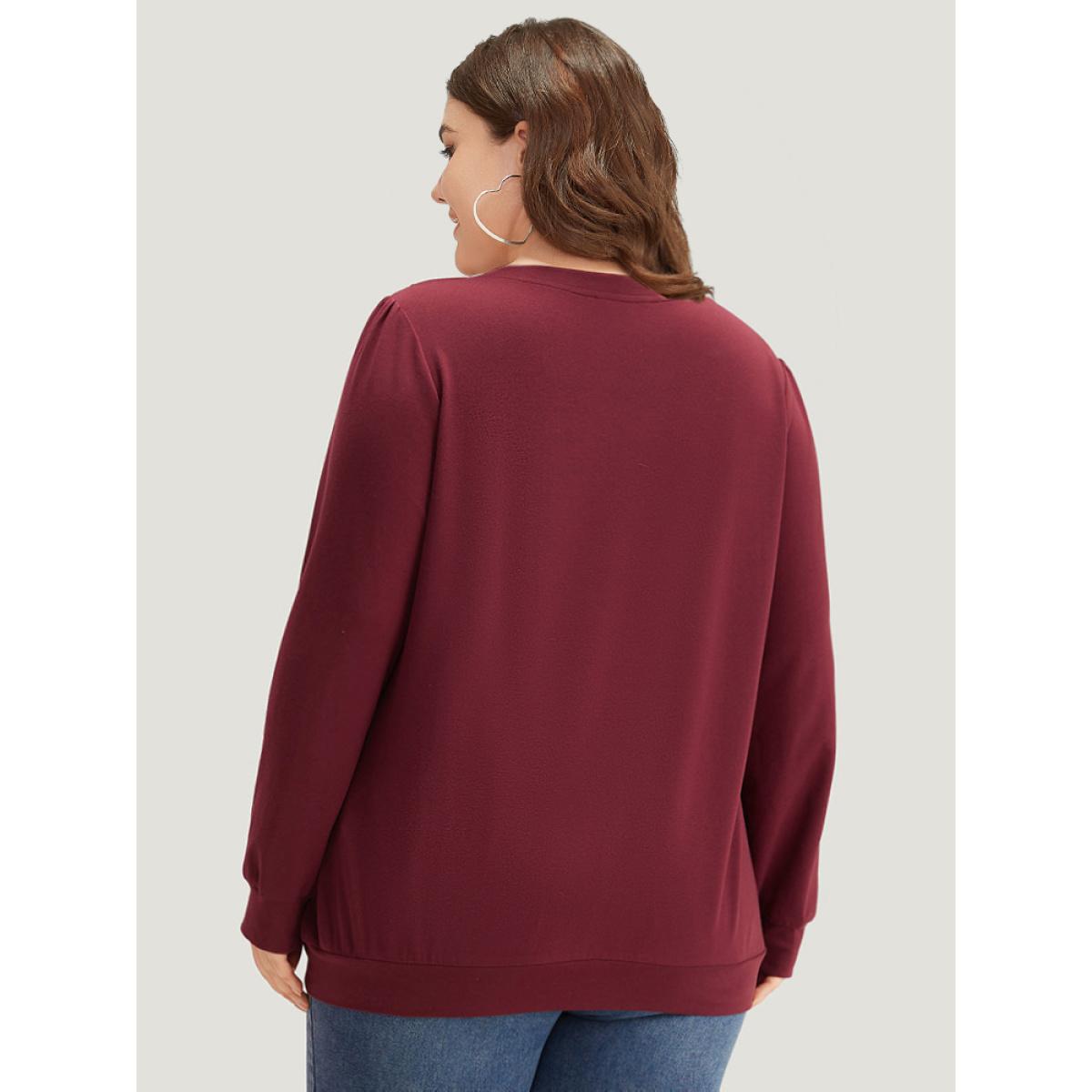 Plus Size Plain Eyelet Lace Crew Neck Sweatshirt Women Burgundy Elegant Elastic cuffs Round Neck Dailywear Sweatshirts BloomChic 26/4X Product Image