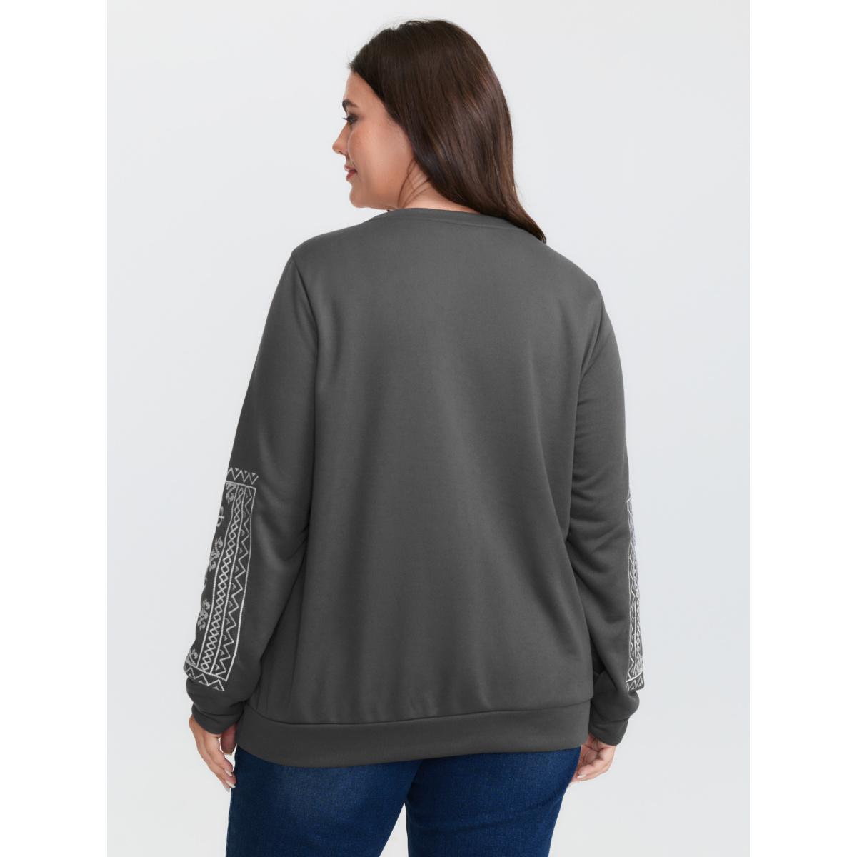 Plus Size Boho Embroidered Sleeve V-Neck Sweatshirt Women DimGray Leisure Embroidered V-neck Casual Sweatshirts BloomChic 14-16/1X Product Image