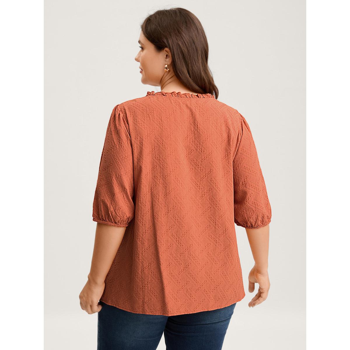 Plus Size Brightorange Pure Cotton Textured Tassel Blouse Women Boho Elbow-length sleeve V-neck Vacation Blouses BloomChic 12/L Product Image