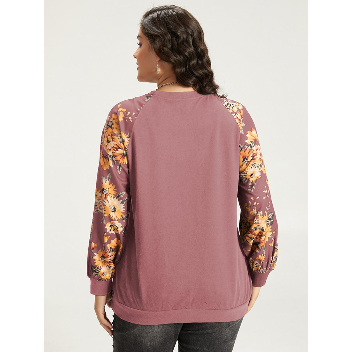 Plus Size Halloween Floral Patchwork Print Raglan Sleeve Sweatshirt Women DustyPink Casual Elastic cuffs Round Neck Festival-Halloween Sweatshirts BloomChic 30/6X Product Image
