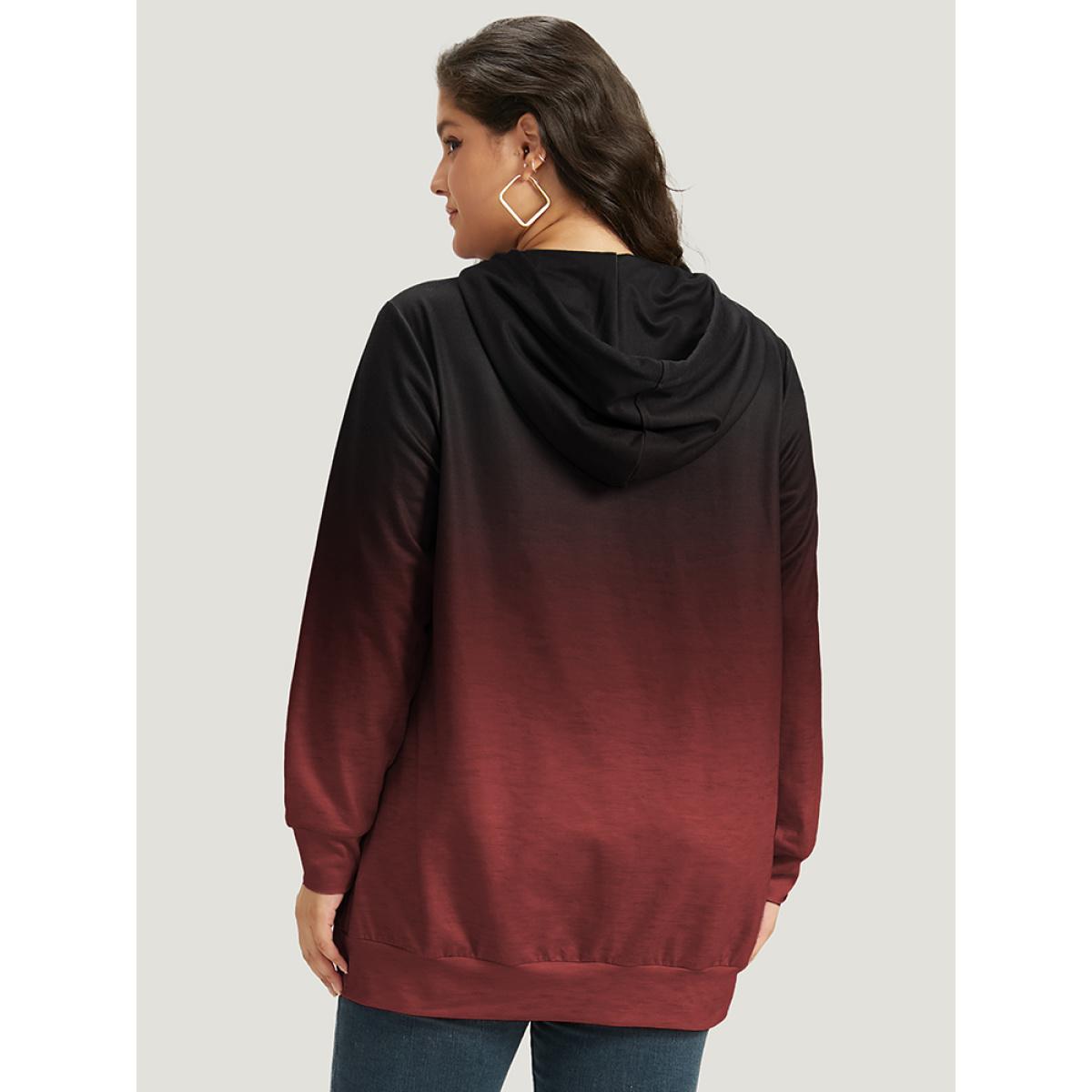 Plus Size Ombre Pocket Drawstring Hooded Sweatshirt Women Red Casual Elastic cuffs Hooded Everyday Sweatshirts BloomChic 22-24/3X Product Image
