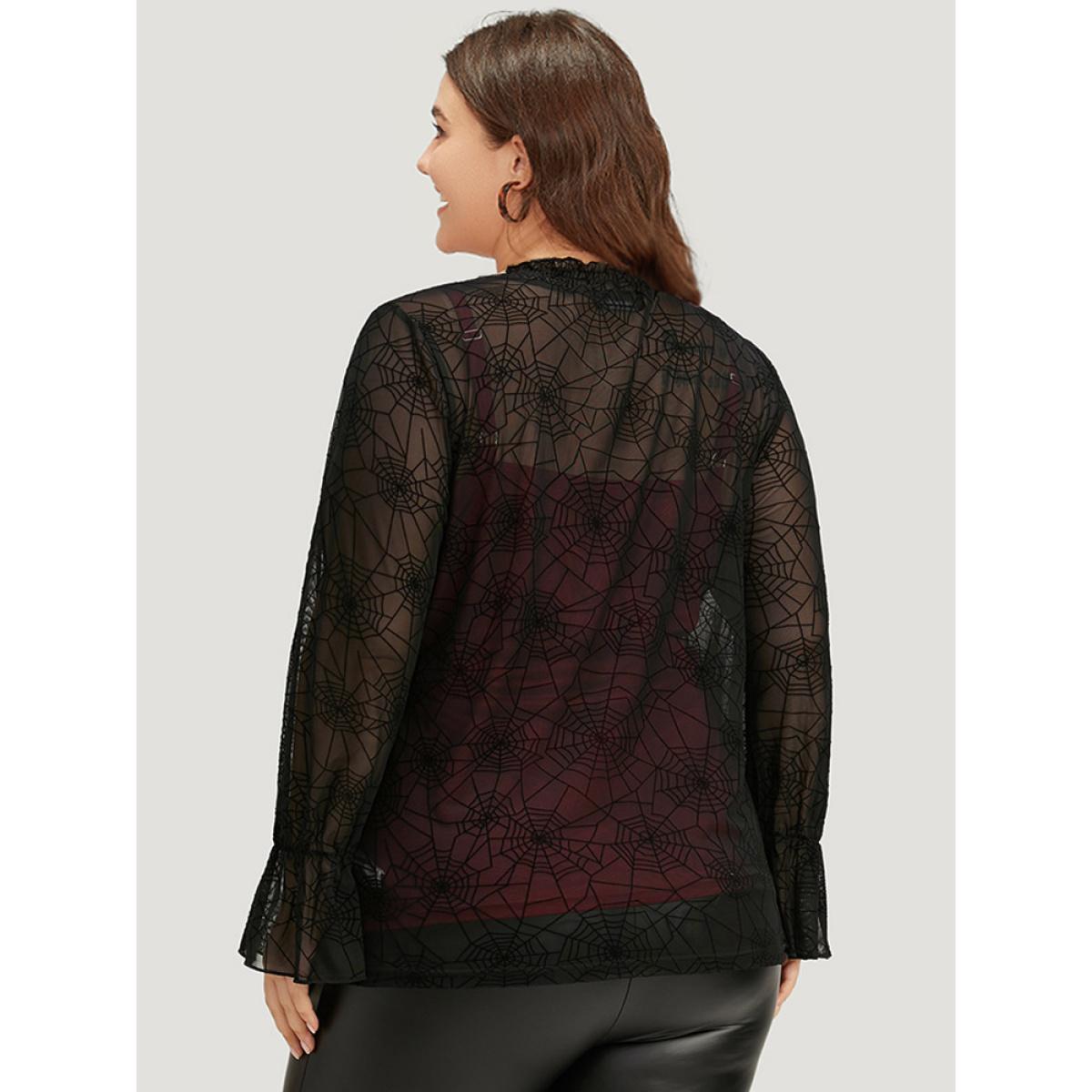 Plus Size Black Halloween Spider Web Mesh Bell Sleeve Blouse Women Elegant Long Sleeve Halter neck Festival-Halloween Blouses BloomChic 12/L Product Image