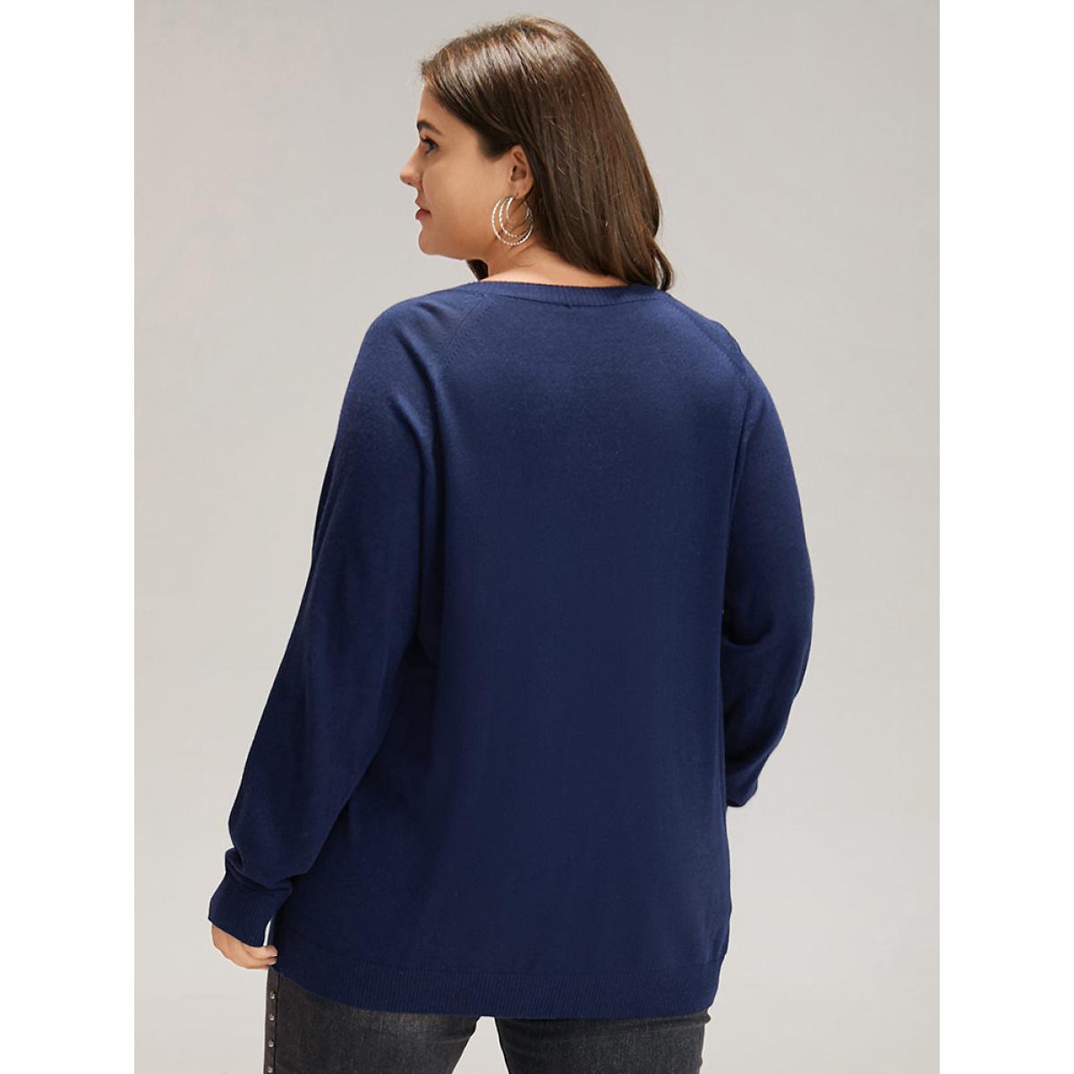 Plus Size Supersoft Essentials Floral Embroidered Pullover Indigo Women Casual Loose Long Sleeve V-neck Dailywear Pullovers BloomChic 18-20/2X Product Image