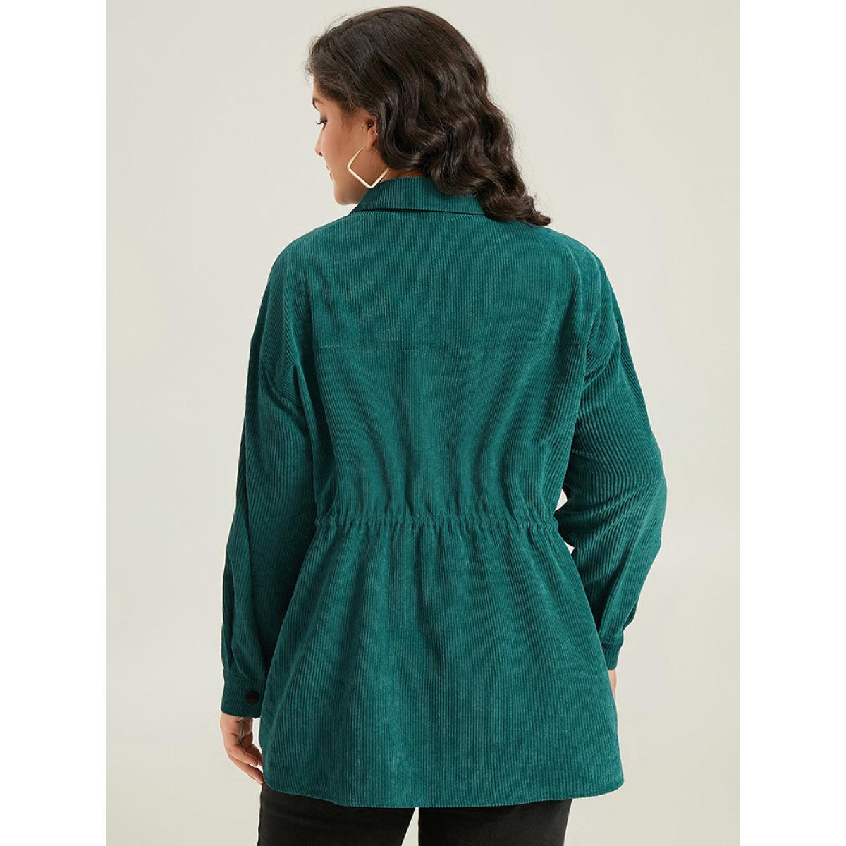 Plus Size Plain Corduroy Pocket Button Up Drawstring Gathered Coat Women Cyan Casual Plain Ladies Dailywear Winter Coats BloomChic 10/M Product Image