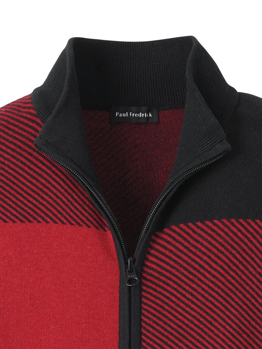 Cotton Full Zip Mock Neck Sweater - Red/black Product Image