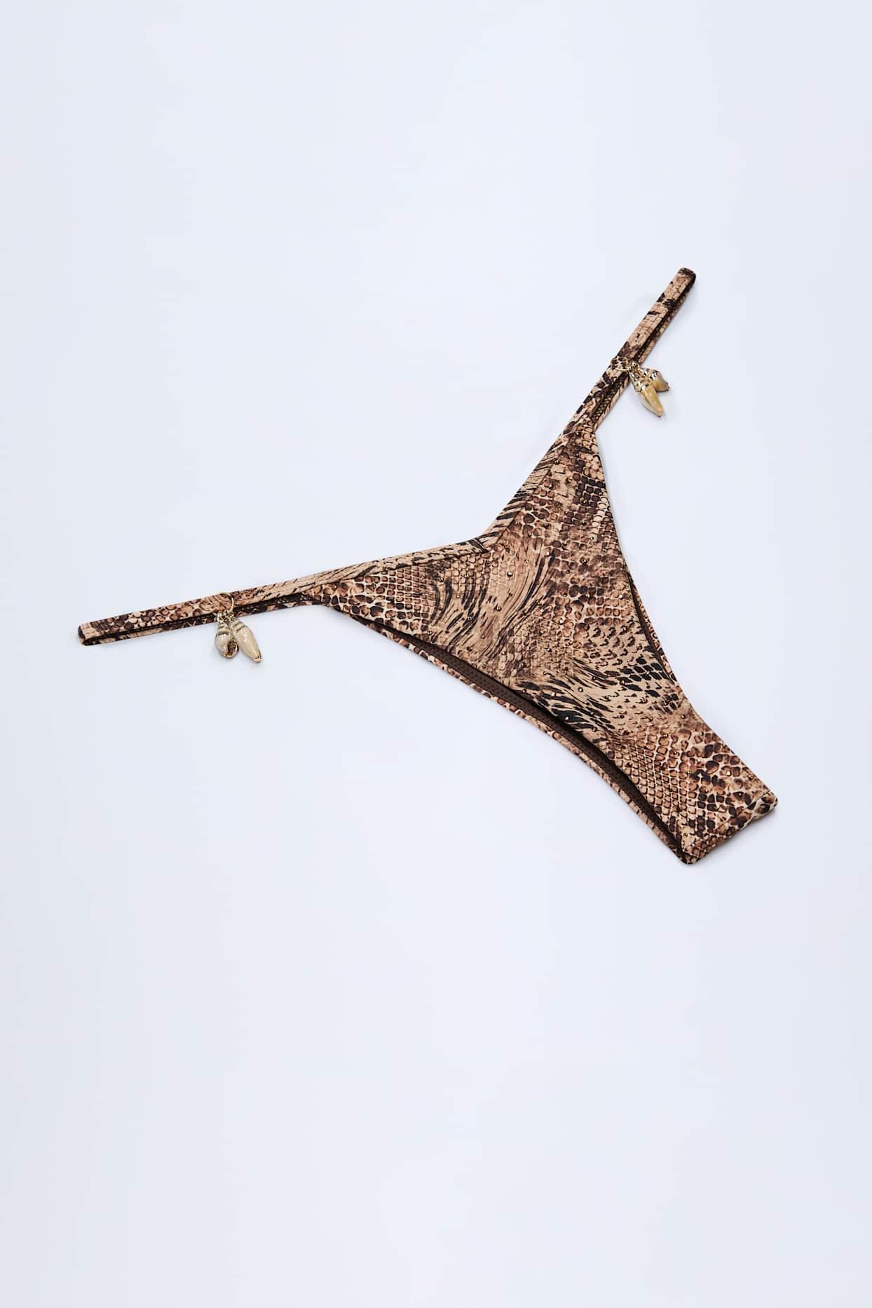 Charm-Detail Thong Bikini Bottoms in Snake Print Product Image