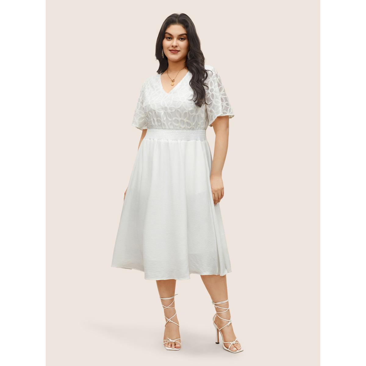 Plus Size Graphic Plisse Shirred Patchwork Flutter Sleeve Dress White Women Elegant Non V-neck Short sleeve Curvy Midi Dress BloomChic 30/6X Product Image