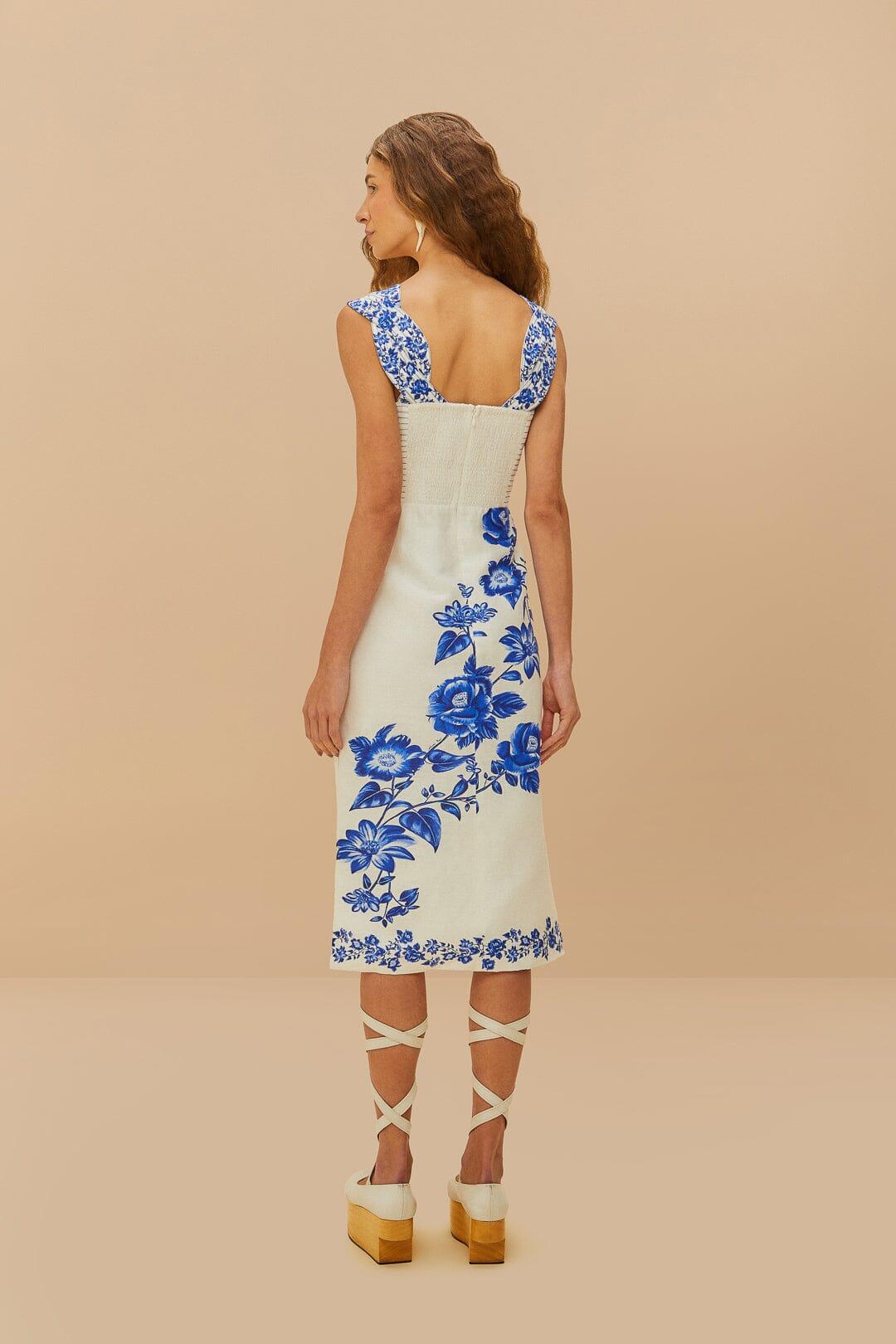 Off-White Floral Cascade Wavy Euroflax™ Premium Linen Midi Dress Product Image