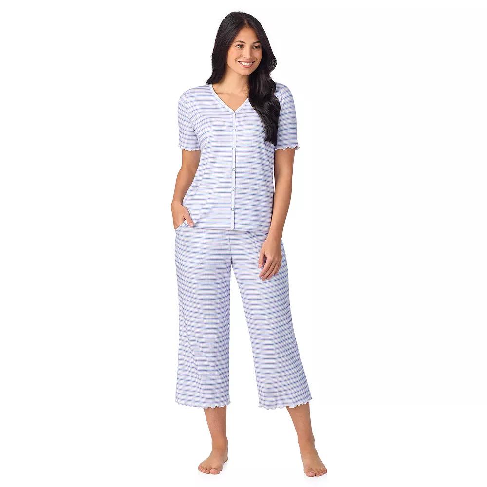 Women's Cuddl Duds® Pointelle Button-Front Pajama Top & Cropped Pajama Bottoms Set, Size: Small, Purple Stripe Product Image