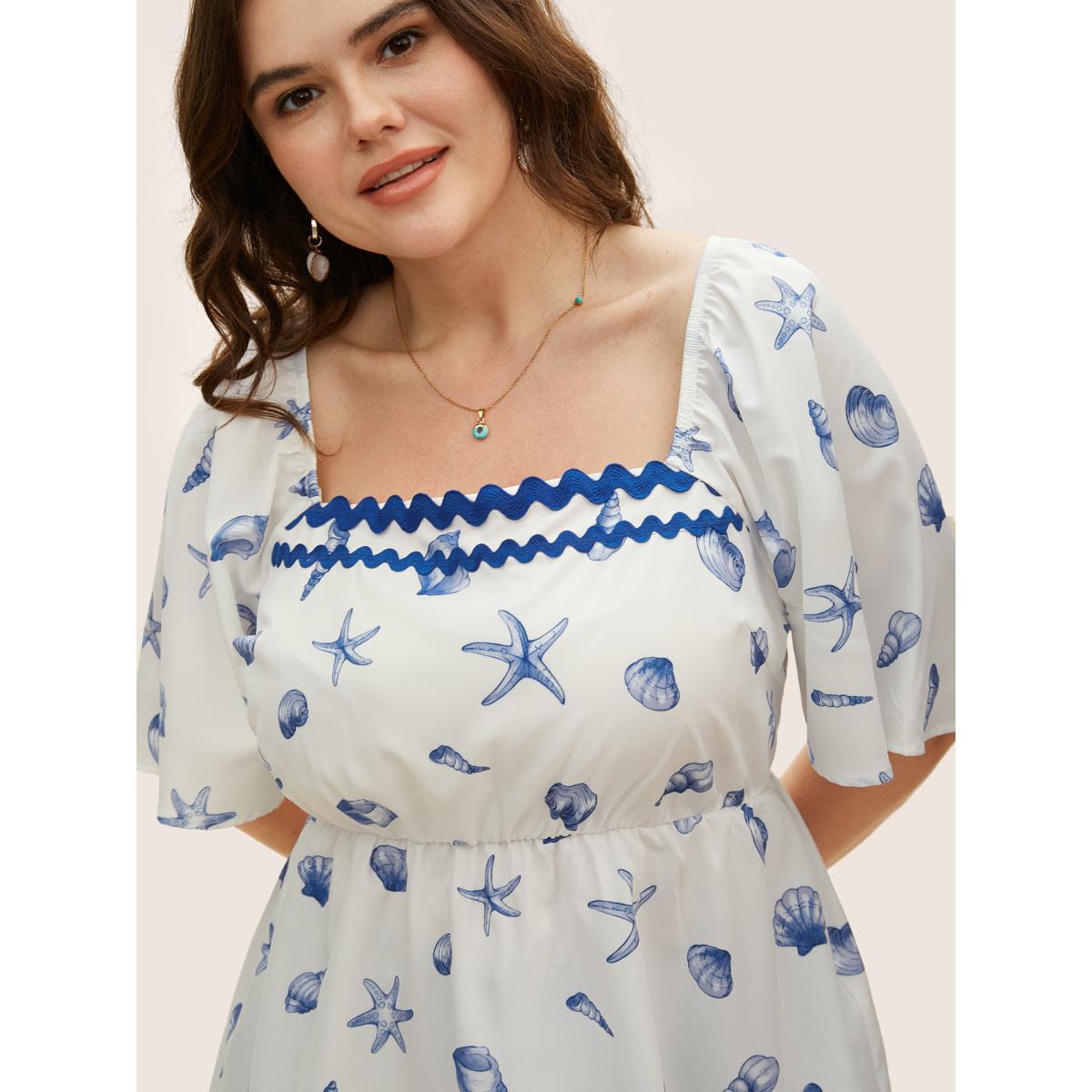Plus Size Skyblue Square Neck Marine Elements Contrast Webbing Blouse Women Resort Half Sleeve Square Neck Vacation Blouses BloomChic 10/M Product Image