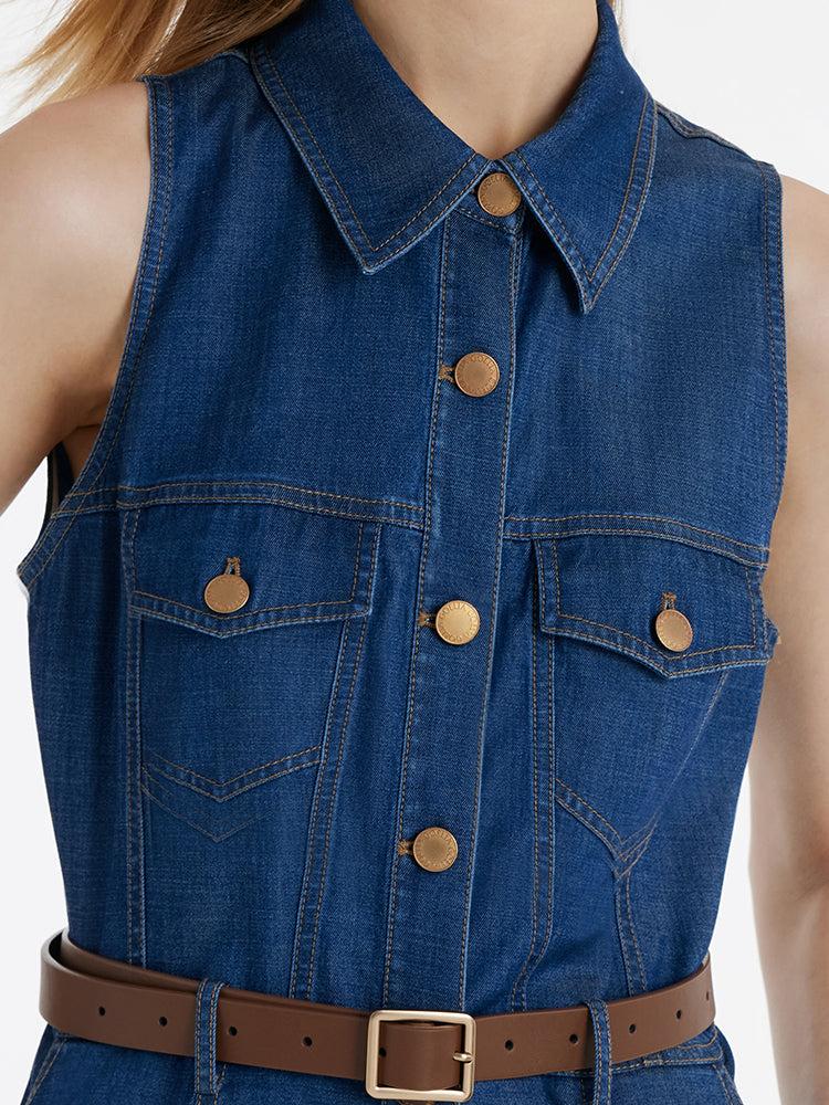 Denim Lapel Women Midi Vest Dress With Belt Product Image