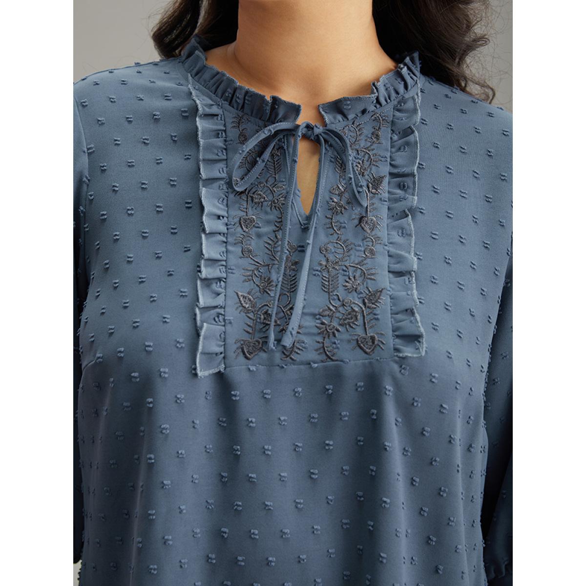Plus Size Stone Textured Embroidered Frill Trim Tie Neck Blouse Women Vacation Long Sleeve Tie Neck Dailywear Blouses BloomChic 28/5X Product Image