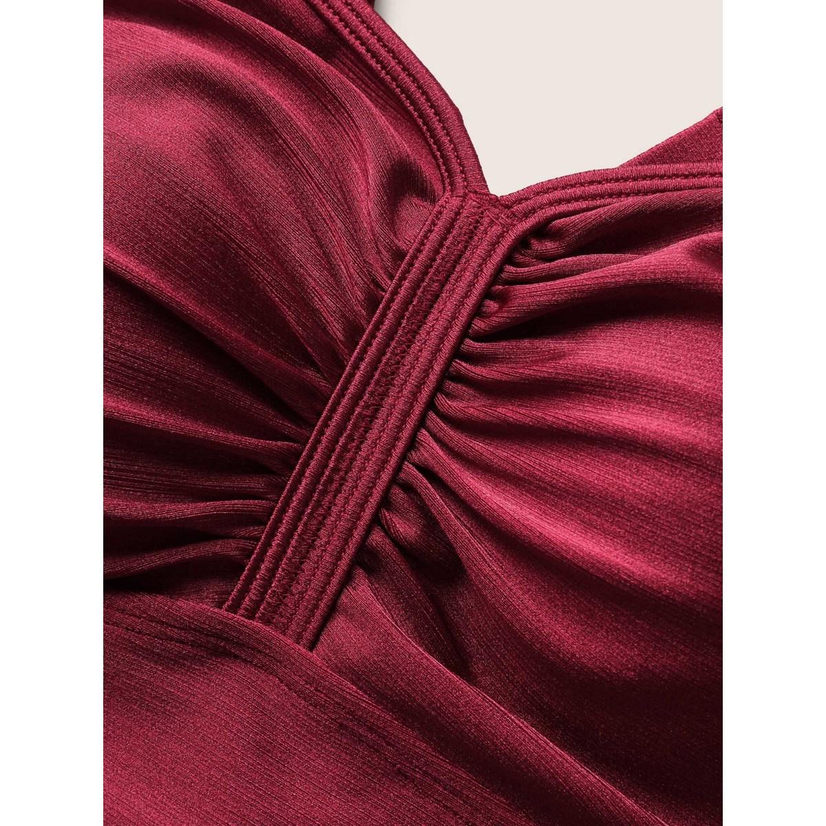 Plus Size Ruched Skinny Drawstring Heart Neckline One Piece Swimsuit Women's Swimwear Burgundy Beach Gathered Curve Bathing Suits High stretch One Pieces BloomChic 30/6X Product Image