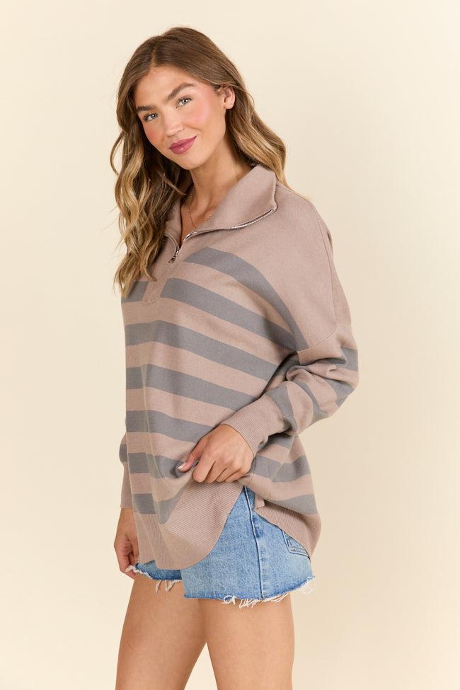 Pulling Heartstrings Taupe Striped Quarter Zip Pullover FINAL SALE Product Image