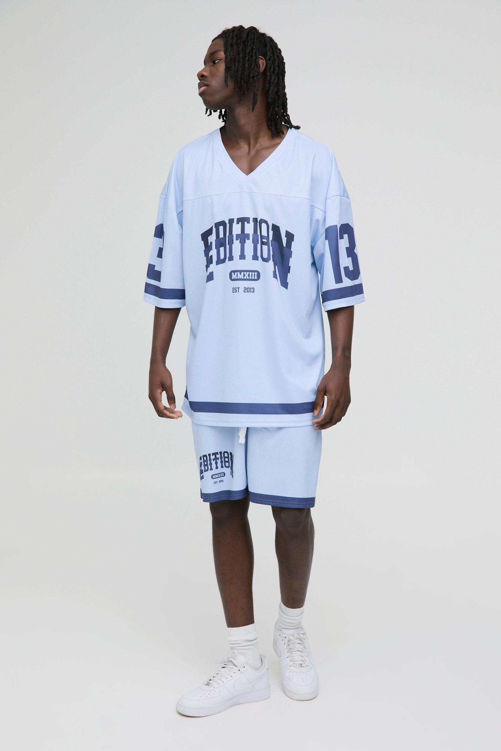 Oversized Edition V Neck Mesh T-Shirt & Short Set | boohooMAN USA Product Image