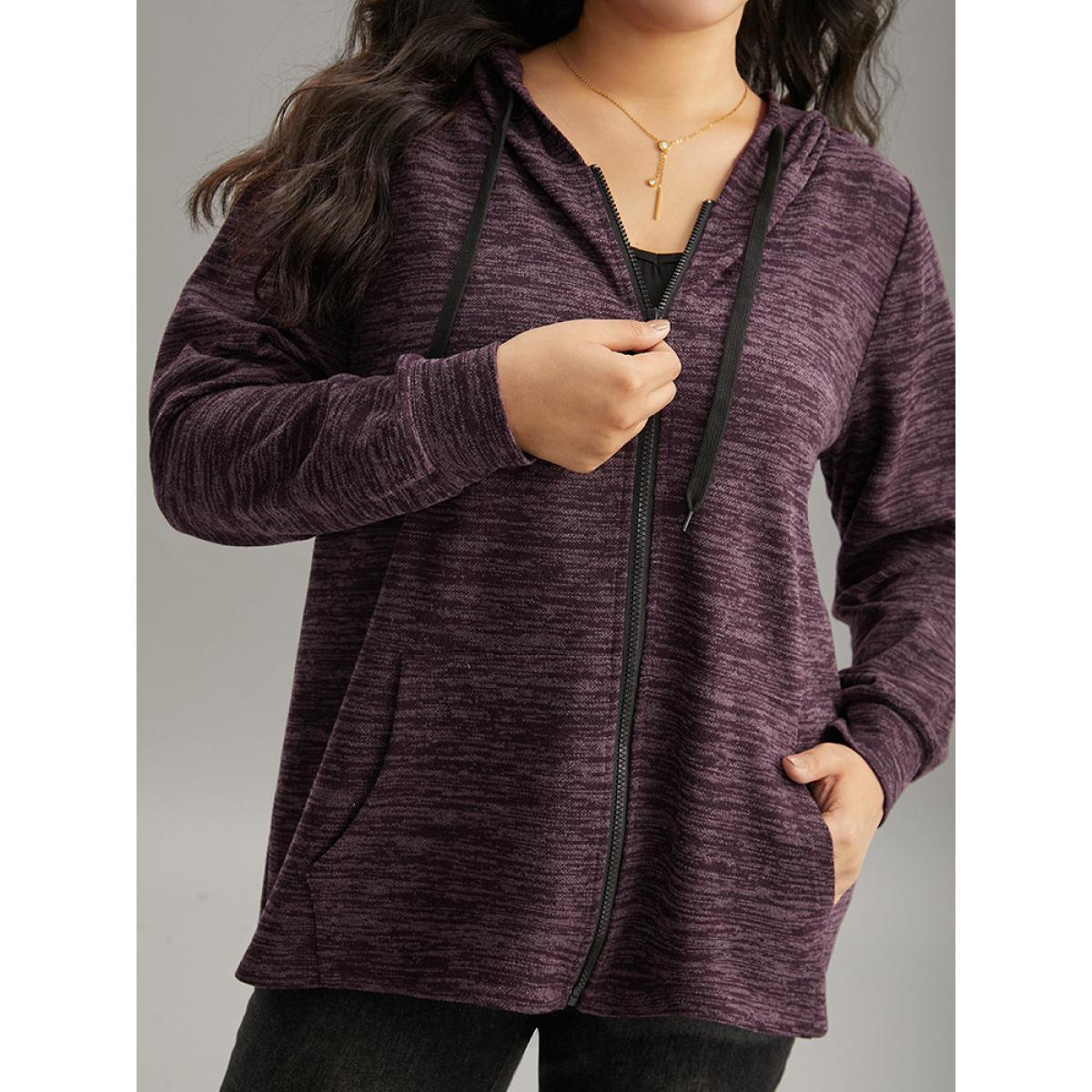 Plus Size Solid Heather Pocket Hooded Zipper Sweatshirt Women Purple Casual Heather Hooded Dailywear Sweatshirts BloomChic 18-20/2X Product Image