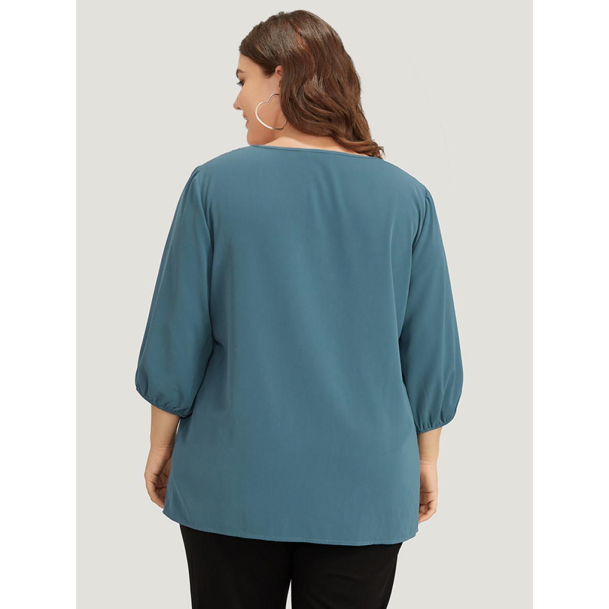 Plus Size Aegean Plain Pleated Detail Elastic Cuffs V Neck Blouse Women Office Elbow-length sleeve V-neck Work Blouses BloomChic 30/6X Product Image