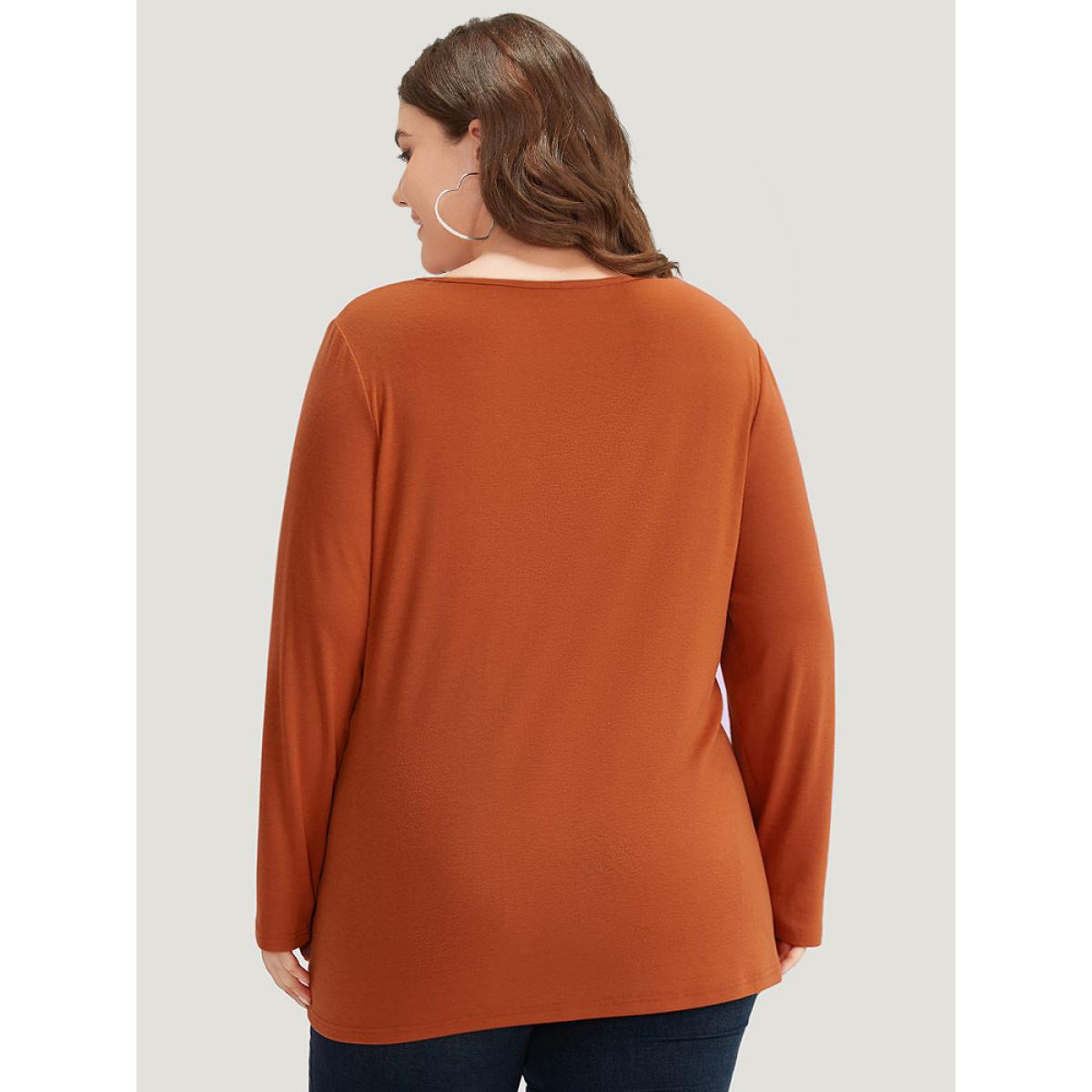 Plus Size Lace Panel V Neck T-shirt Chocolate Women Elegant Plain Plain V-neck Dailywear T-shirts BloomChic 12/L Product Image