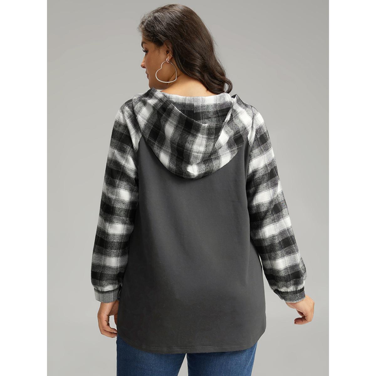 Plus Size Plaid Print Hooded Patchwork Sweatshirt Women Gray Leisure Patchwork Hooded Casual Sweatshirts BloomChic 14-16/1X Product Image