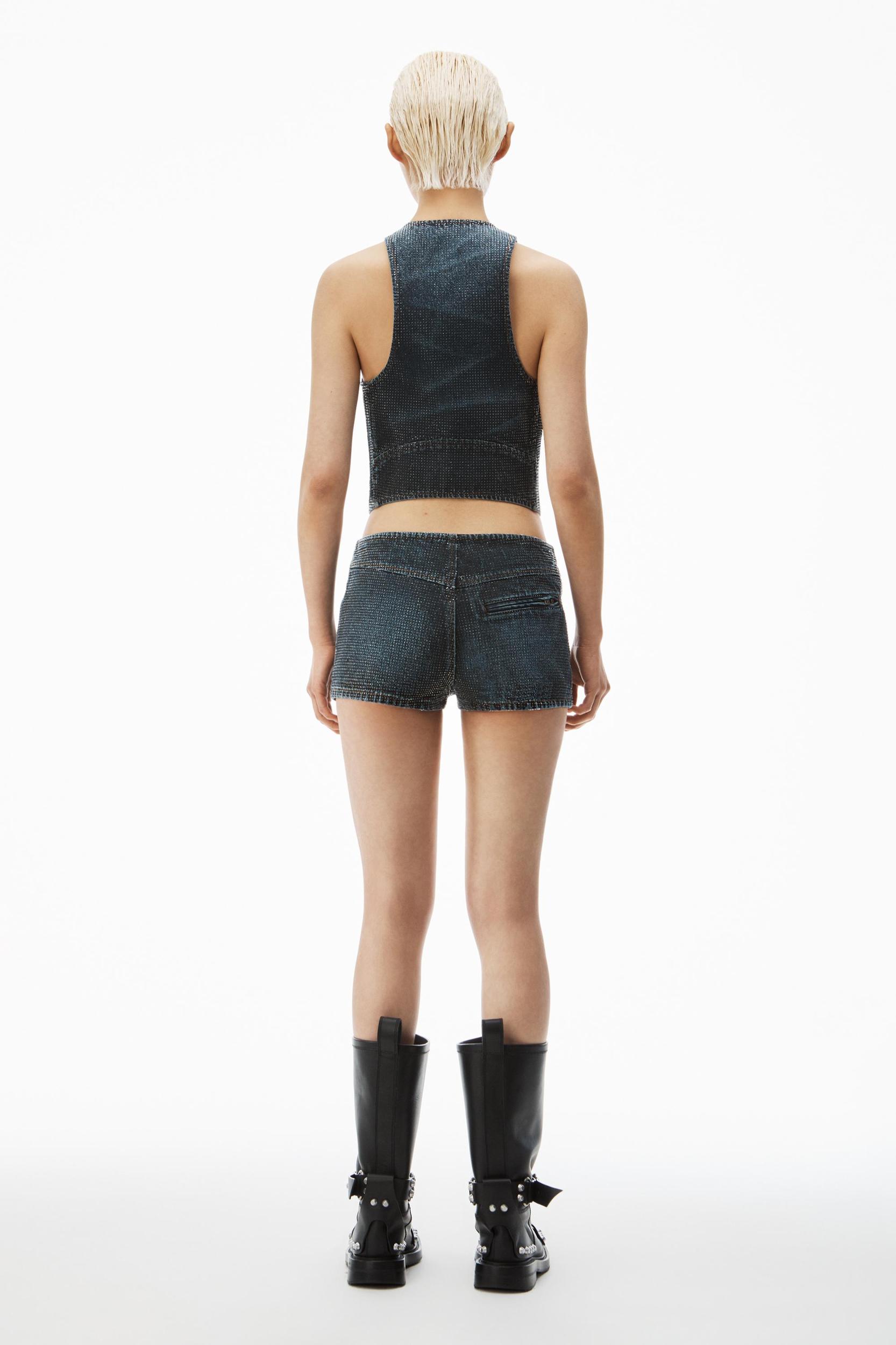 Clear Crystal Hotfix Moto Micro Short In Cotton Denim Product Image