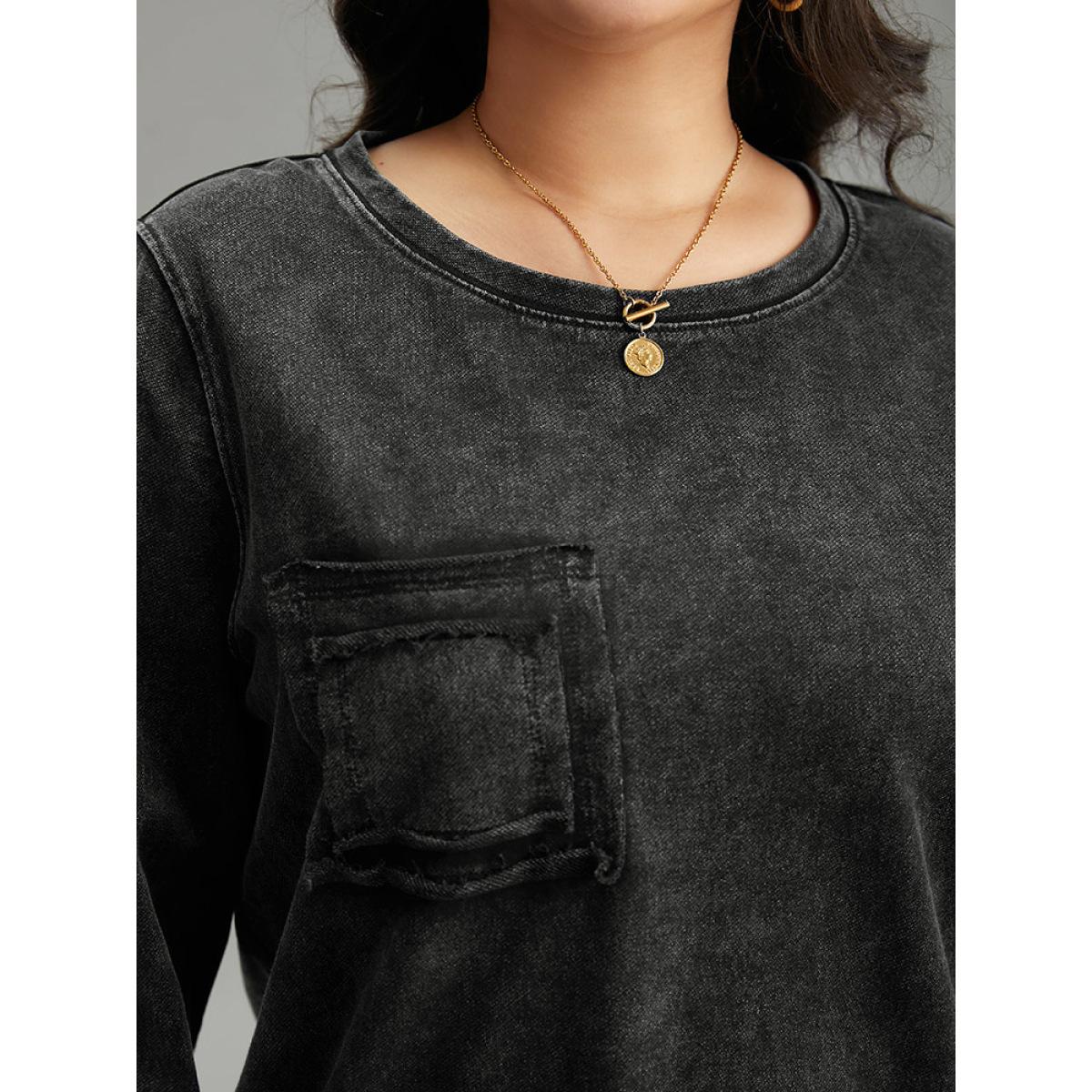 Plus Size Vintage Patched Pocket Round Neck Sweatshirt Women DimGray Casual Plain Round Neck Everyday Sweatshirts BloomChic 14-16/1X Product Image