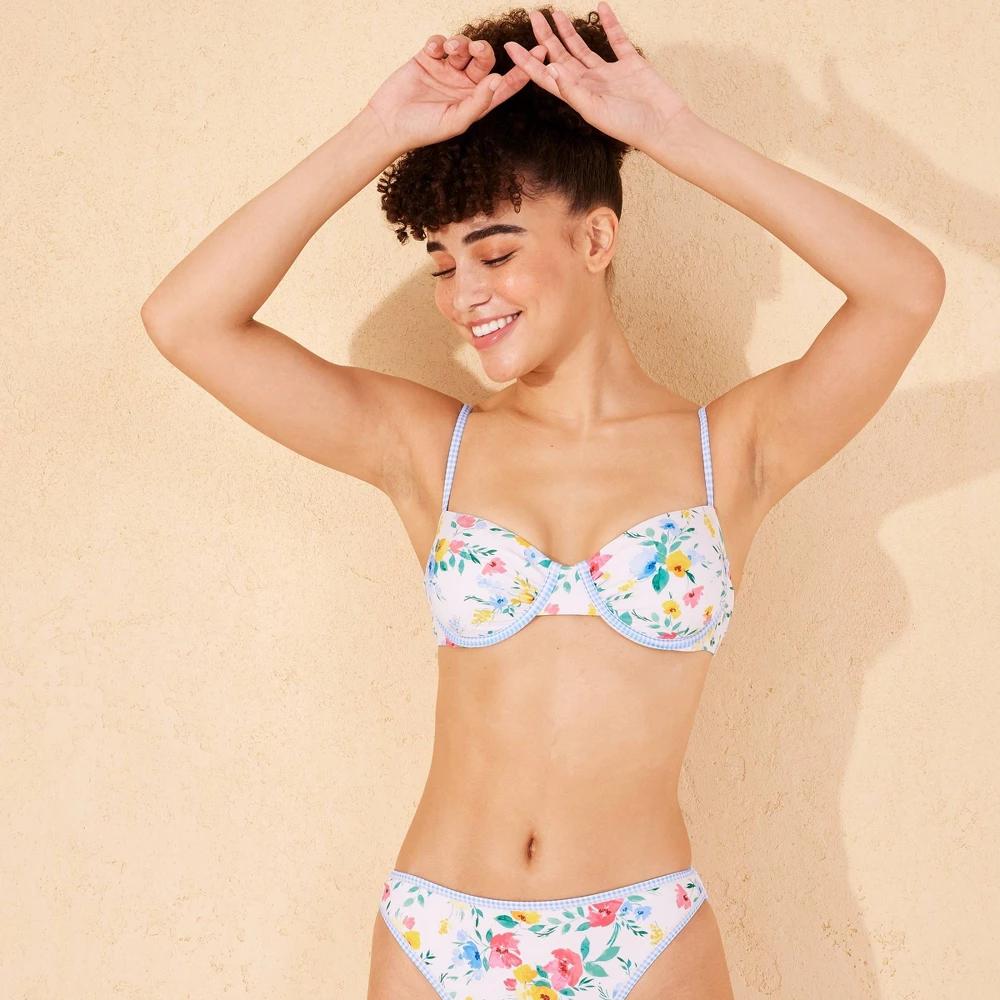 Women's Contrast Binding Underwire Bikini Top - Wild Fable™ Blue L: Adjustable Strap, Removable Cup, Botanical Pattern Product Image