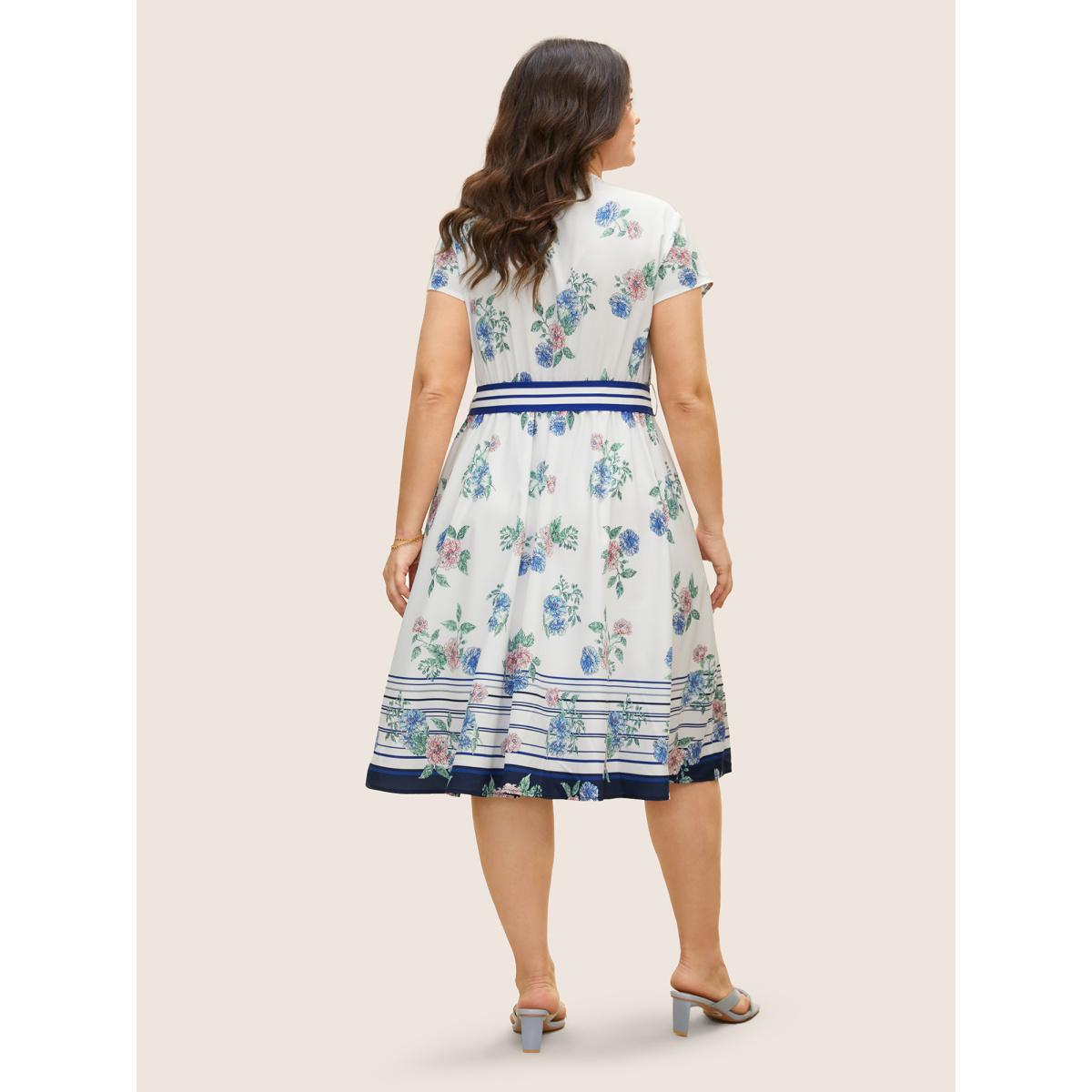 Plus Size Floral Patchwork Striped Wrap Cap Sleeve Dress Mediumblue Women Elegant Belted V-neck Cap Sleeve Curvy BloomChic 14-16/1X Product Image