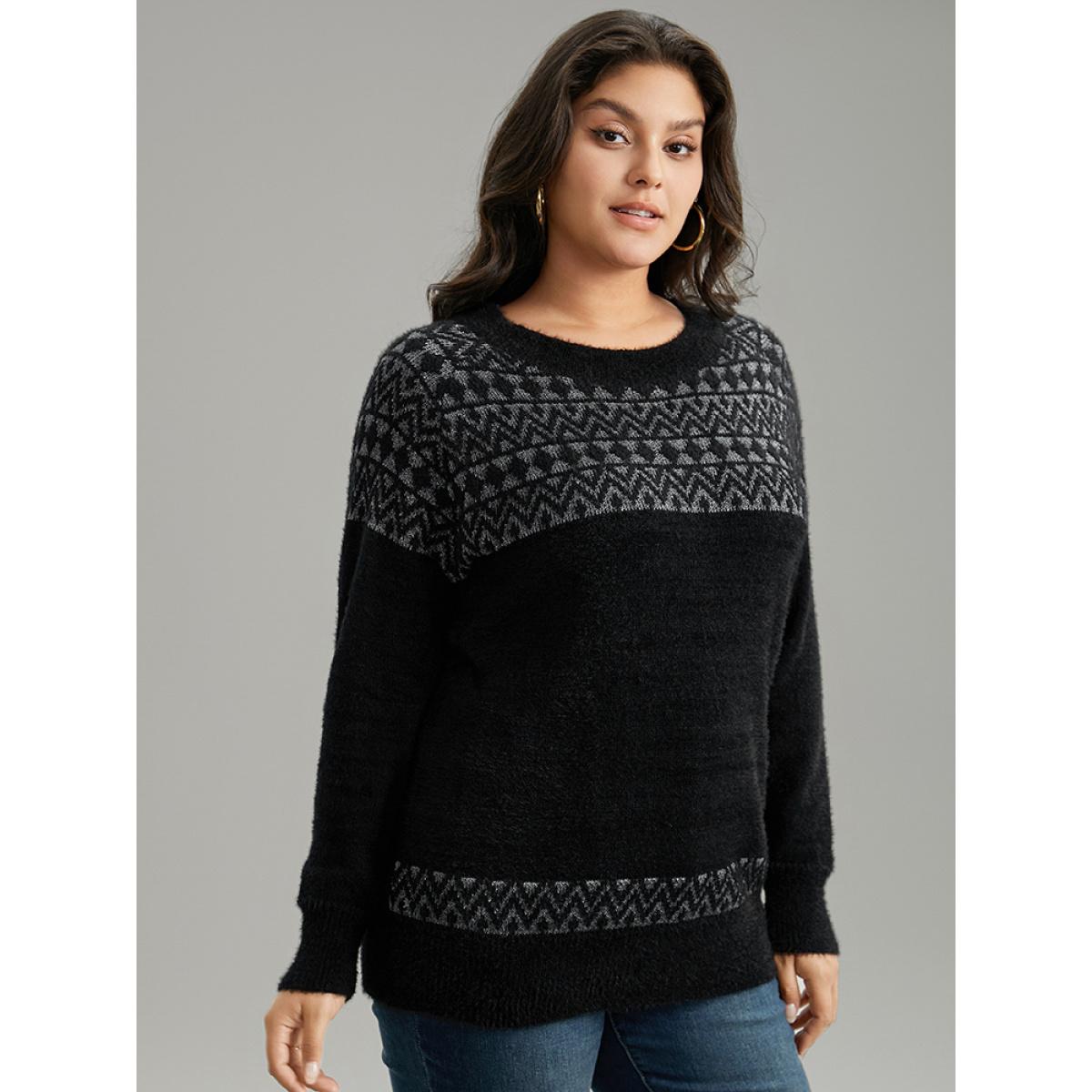 Plus Size Bandana Print Fuzzy Sparkly Pullover Black Women Casual Loose Long Sleeve Round Neck Dailywear Pullovers BloomChic 10/M Product Image